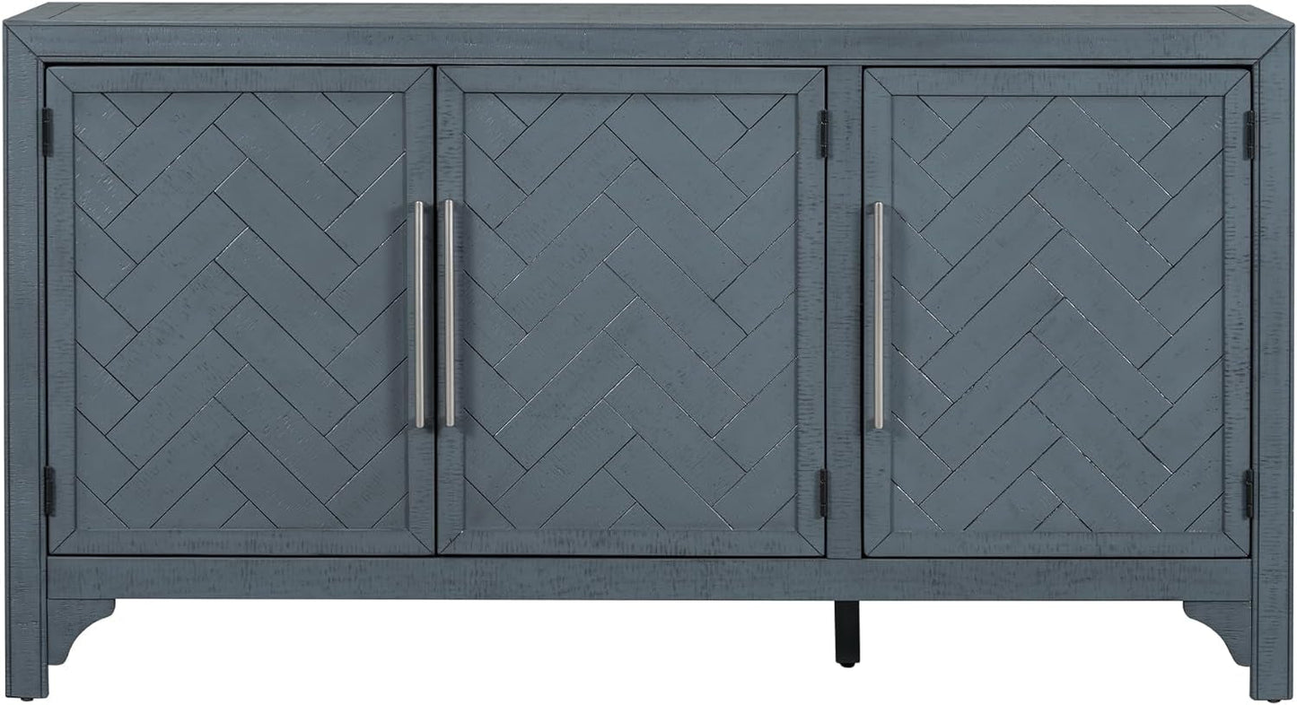 Modern Rustic Wood Buffet Sideboard with Metal Handles, 3 Doors Coffee Bar Cabinet TV Stand for Bedroom Living Room Dinning Room Kitchen Navy Blue-3