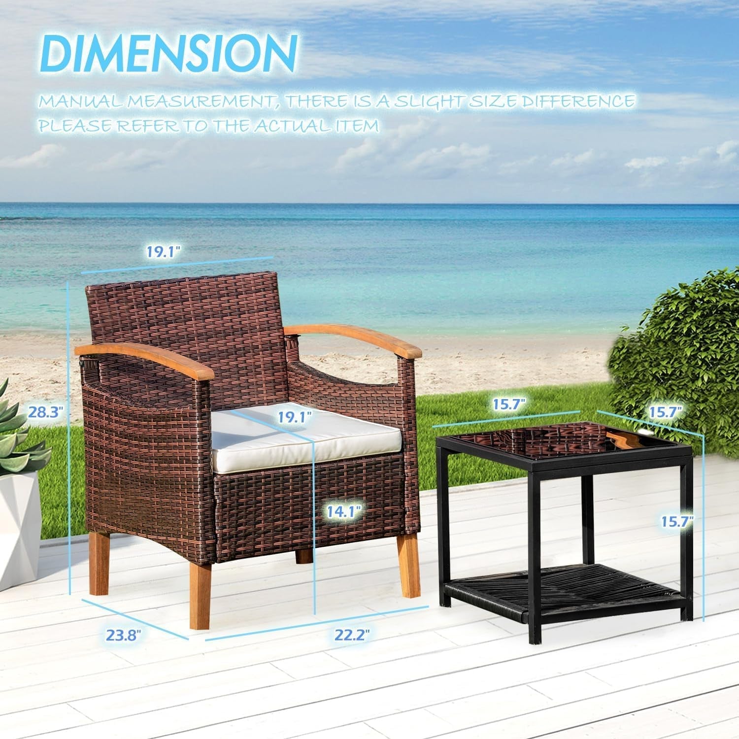 3PCS Outdoor Patio Furniture Set Outdoor Furniture Set with Table outside Lawn Patio Chairs Set of 2 Patio Conversation Sets Bistro Wicker Patio Set for Backyard Porch Balcony Garden (Brown)-3