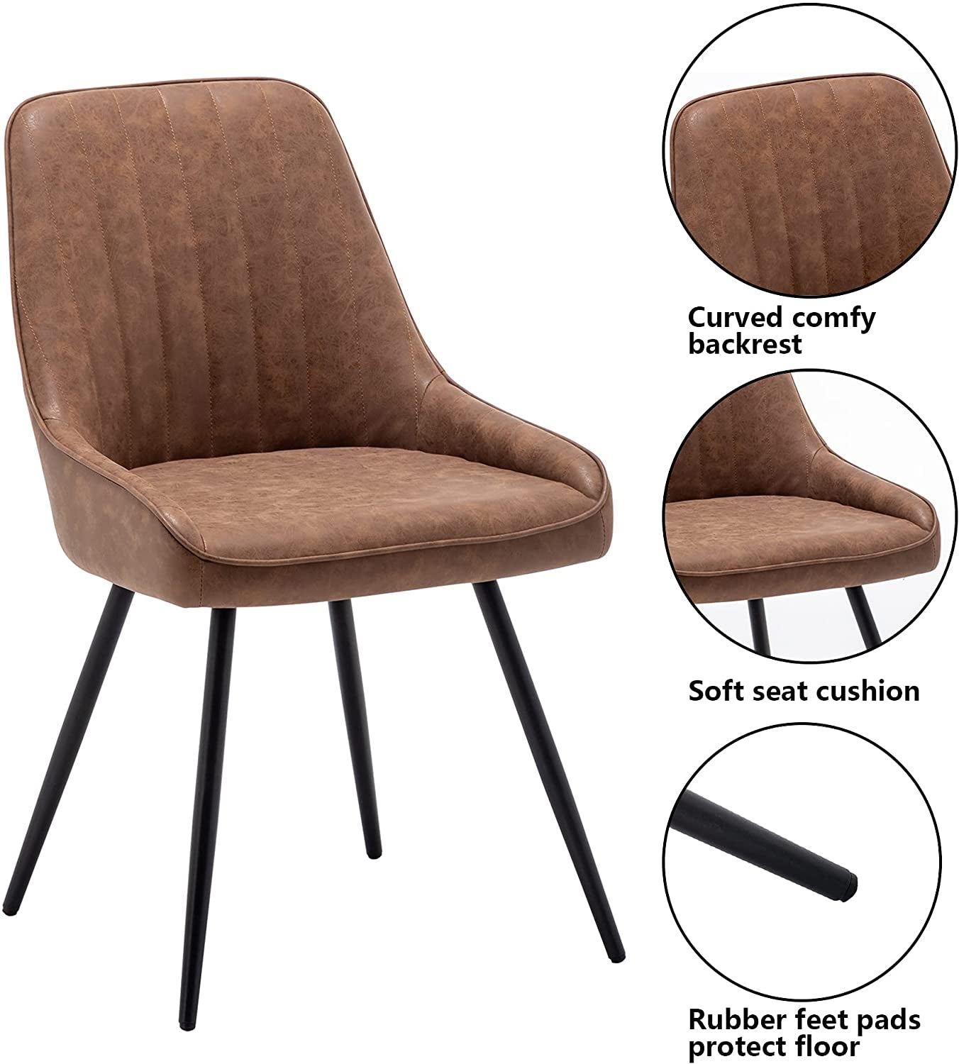 Set of 2 Brown Faux Leather Mid Century Modern Dining Accent Chairs, Metal Legs-4