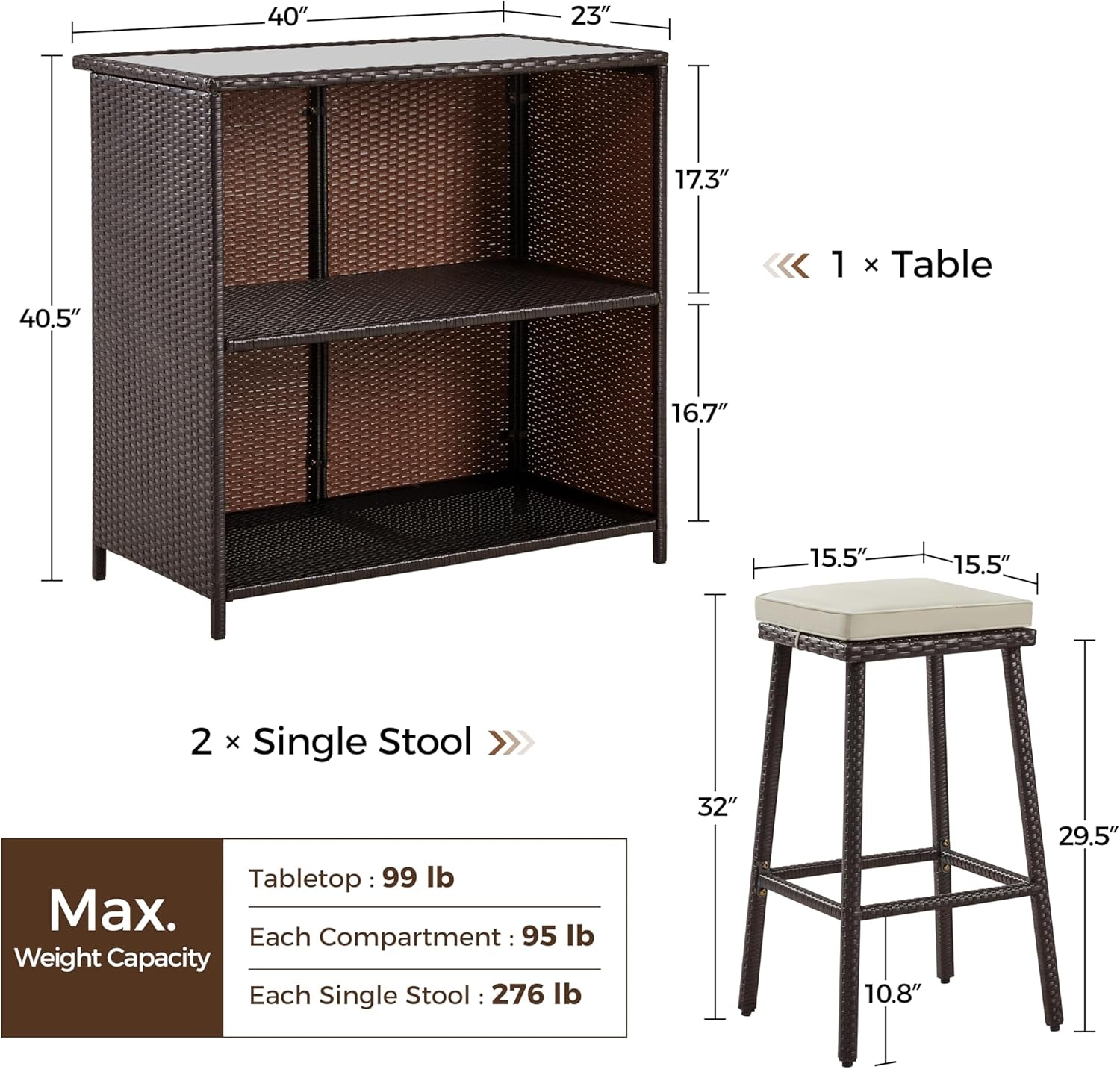 3Pcs Outdoor Bar Set, Patio Wicker Bar Furniture with 2 Storage Shelves, Glass Top Table, Cushions and Two Stools, Brown/Khaki-3