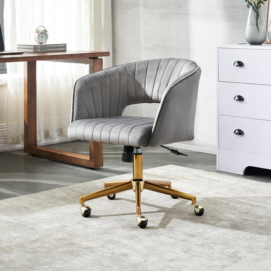 Home Office Chair Swivel Velvet Desk Chair, Vanity Chair with 360 Swivel Armchair and Gold Base,For Living Room, Bedroom, Vanity, Study (Grey)-1