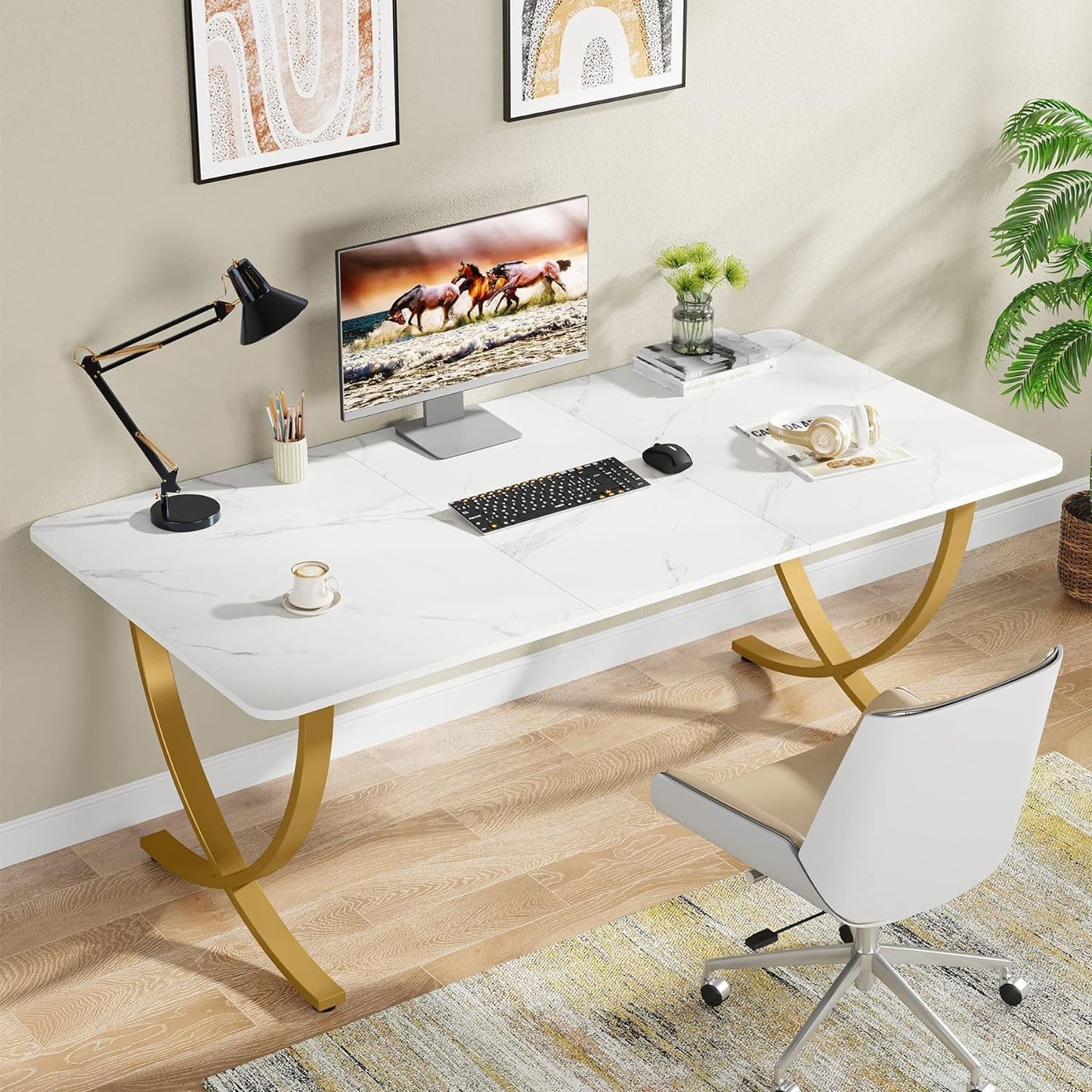 Executive Desk, 63” W X 31.5” D Large Office Desk, Modern Computer Desk Conference Table Meeting Room Table, Business Furniture for Home Office, White and Gold-2