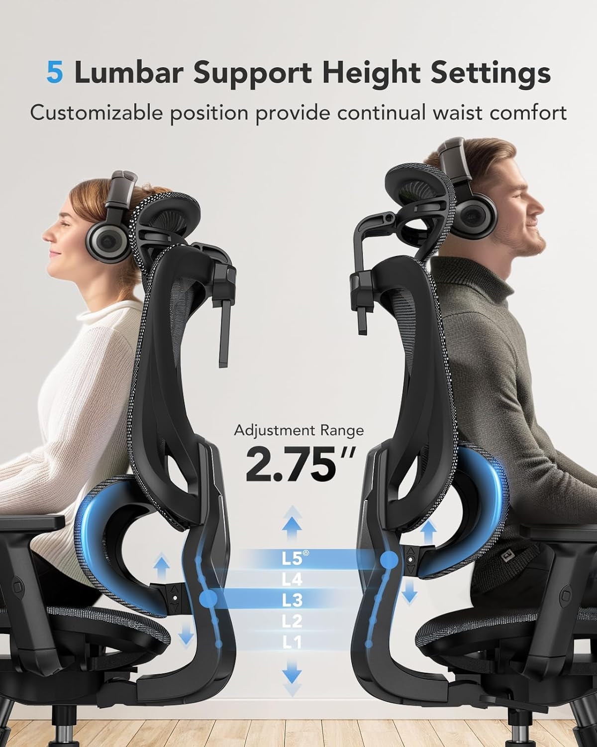 Ergonomic Mesh Office Chair, High Back Desk Chair with 5-Level Lumbar Support, Adjustable Headrest, Armrests, Rocking Tilt, Computer Mesh Chair for Home Office Gaming-3