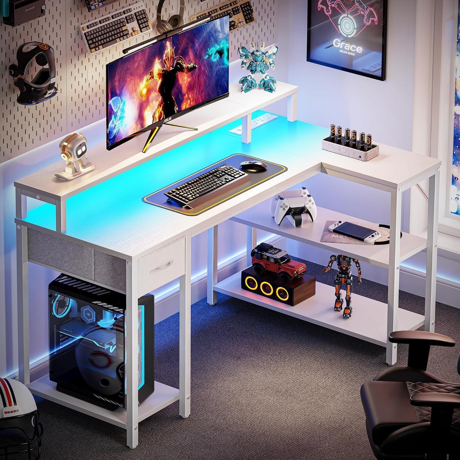 47" White L Desk LED Power Drawer-0