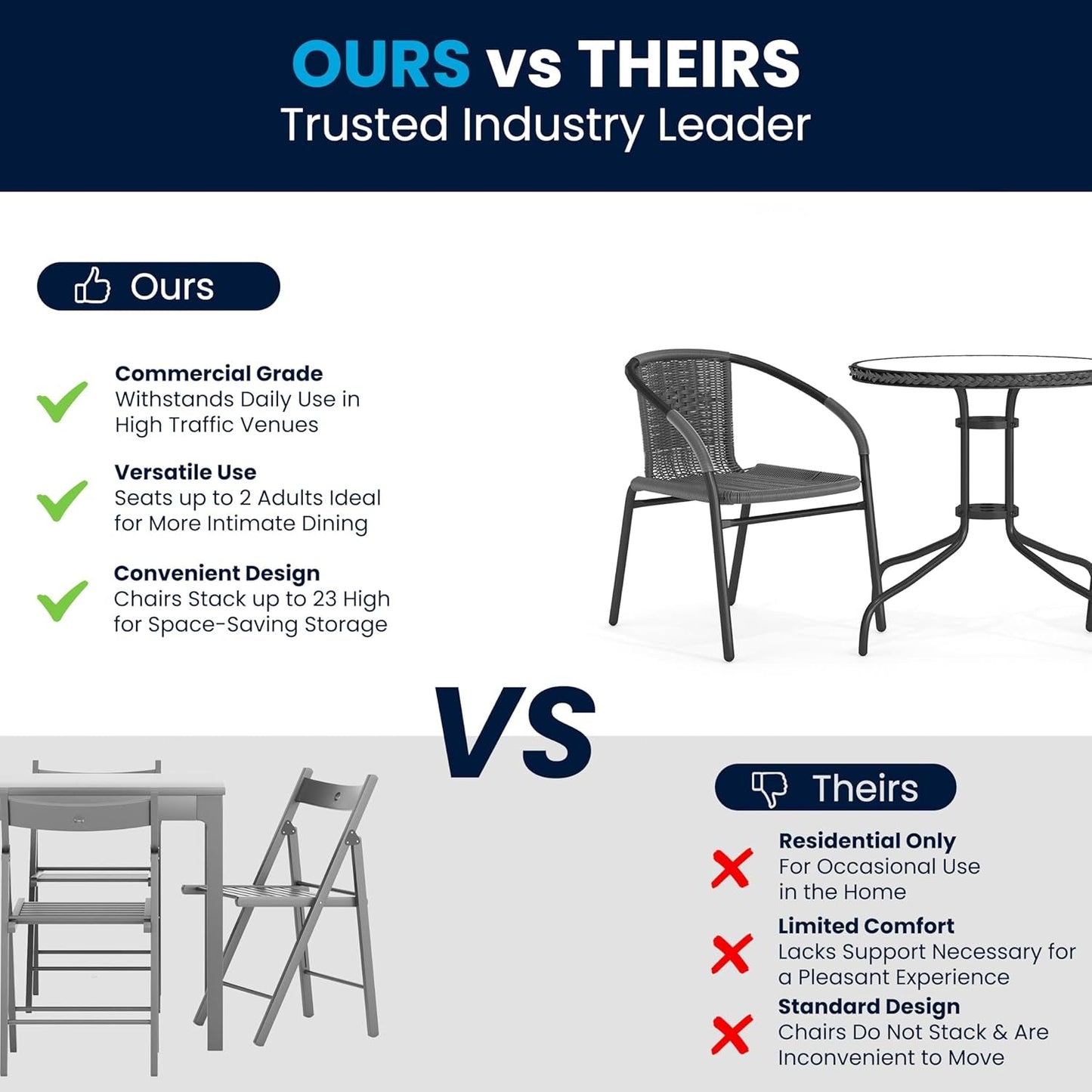 3-Piece Patio Dining Set with round Glass Metal Table and 2 Stackable Rattan Chairs, Indoor/Outdoor Bistro Table and Chairs Set, Gray-4