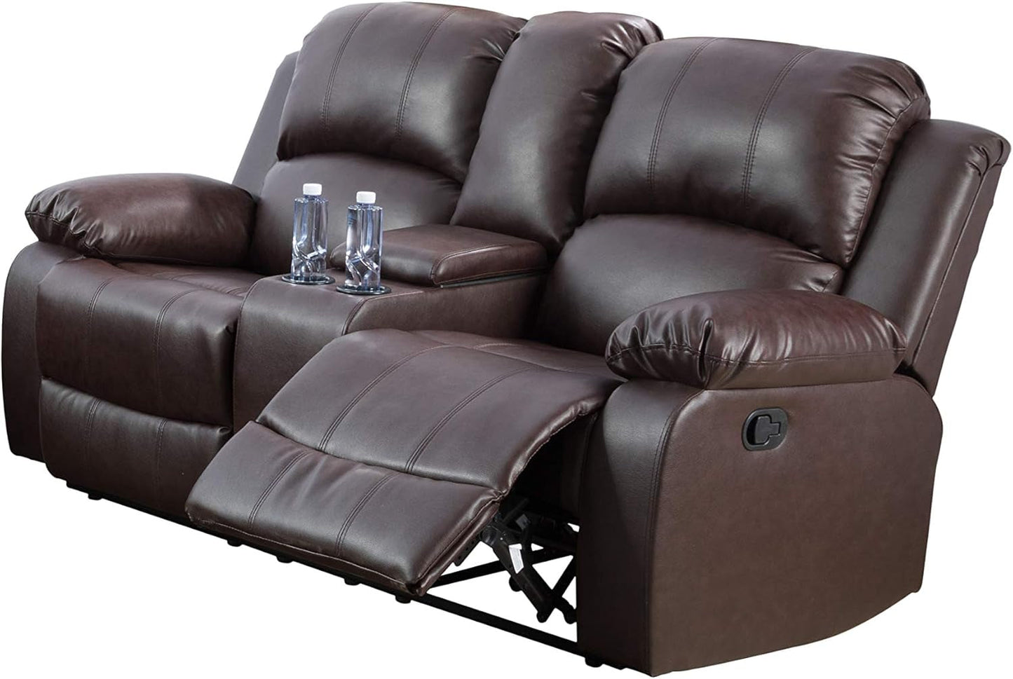 3-Piece Living Room Reclining Sofa Set|Bonded Leather Upholstery|Manual Reclining with Drop down Table and Mid Console (Brown, 3 Pieces)-2