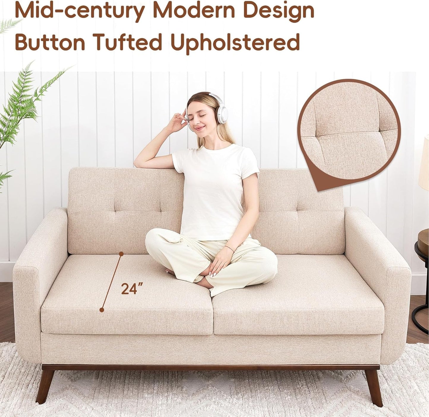 Oatmeal Mid-Century Loveseat Button-Tufted, Modern Style-2