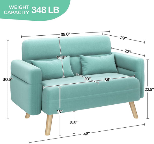 46" Small Modern Fabric Sofa Loveseat Mid Century 2 Seater Sofa Couch with Lumbar Pillows, Solid Wood Legs for Living Room, Small Space, Dorm, Office, Bedroom, Aquamarine-1