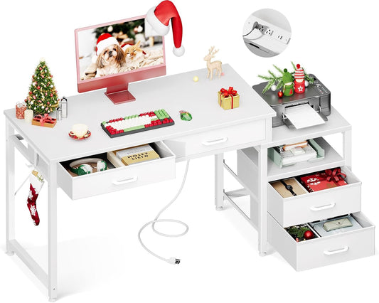 Computer Desk with 4 Drawers and USB Power Outlets, Reversible Home Office Desk with Printer Stand, Small Desk with Storage Shelf, Study Writing Work Table for Bedroom, Vanity Desk, White, 53"-0