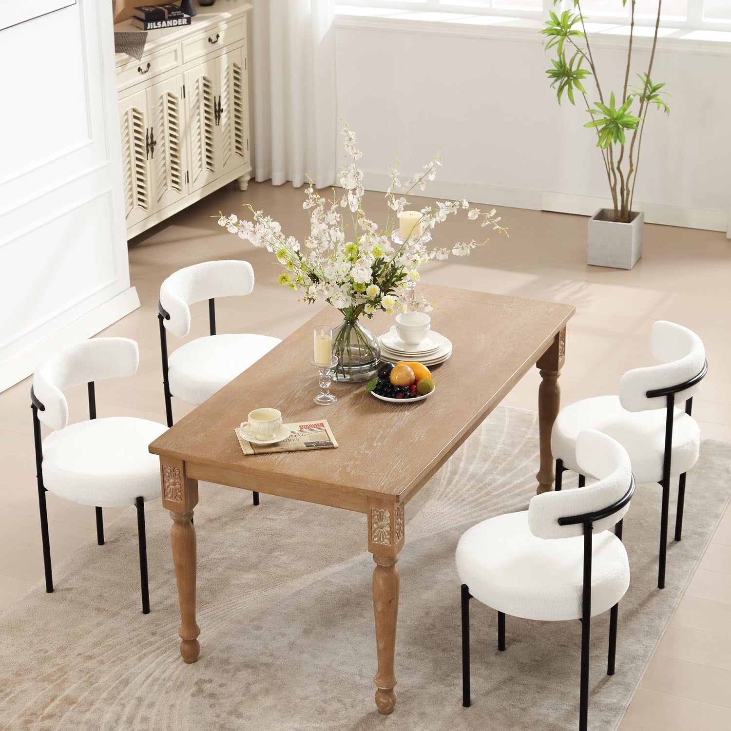 Dining Chairs Set of 4, White Boucle Dining Chair with Curved Backrest, round Thicken Upholstered Dining Chairs for Kitchen & Dining Room, Mid Century Modern Dining Chairs Sturdy and Comfy-0