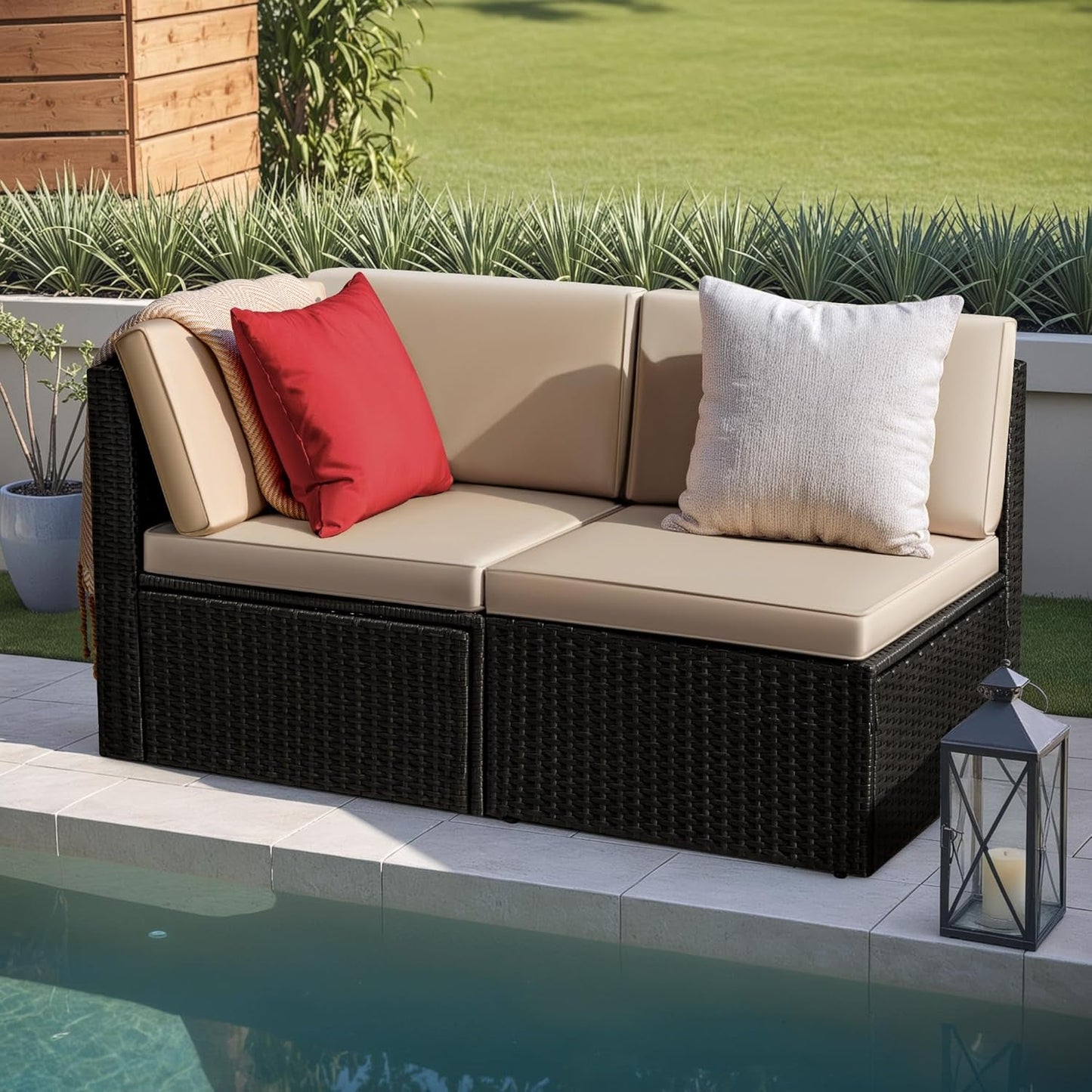 Wicker Rattan 2-Piece Patio Conversation Set Beige-0