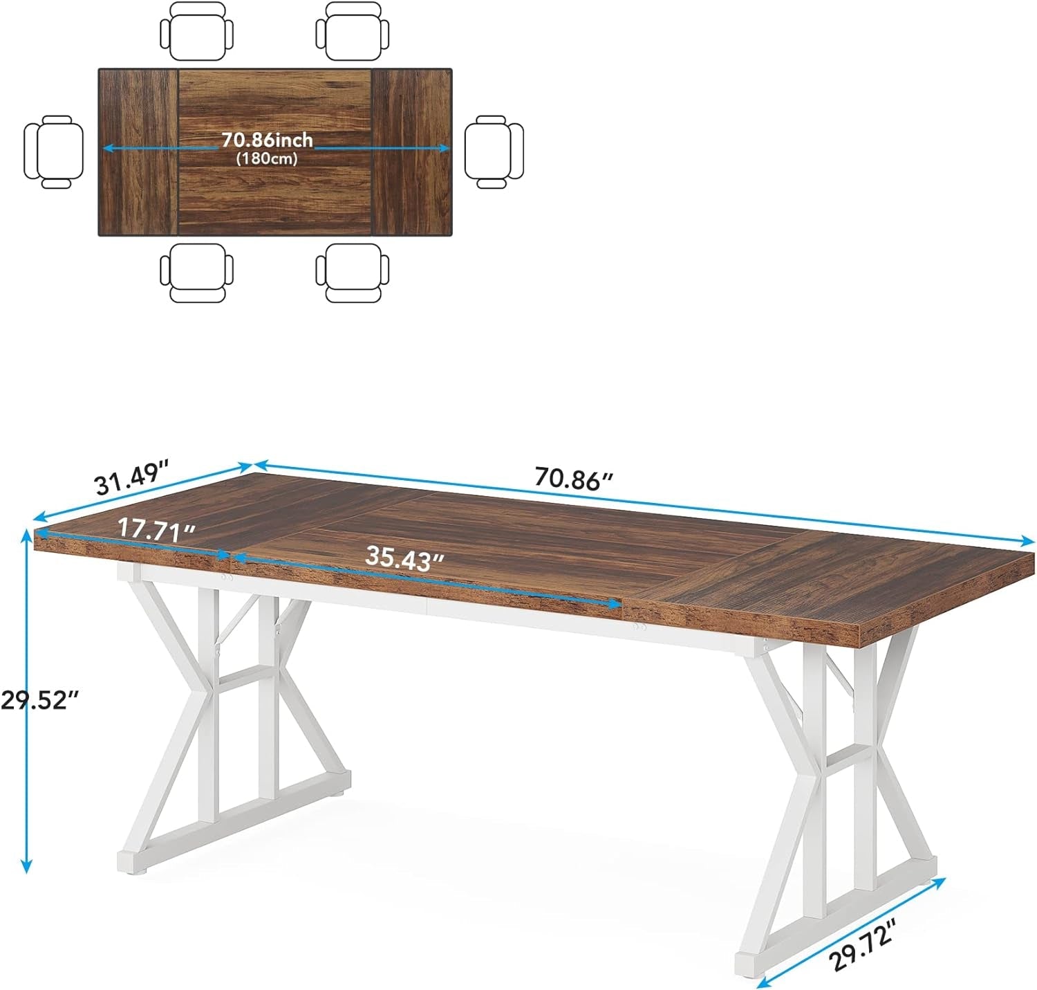 Farmhouse Dining Table for 6 People, 70.8-Inch Rectangular Wood Dining Table, Rustic Kitchen Table with Heavy Duty Metal Legs for Dining Room (Brown/White)-1