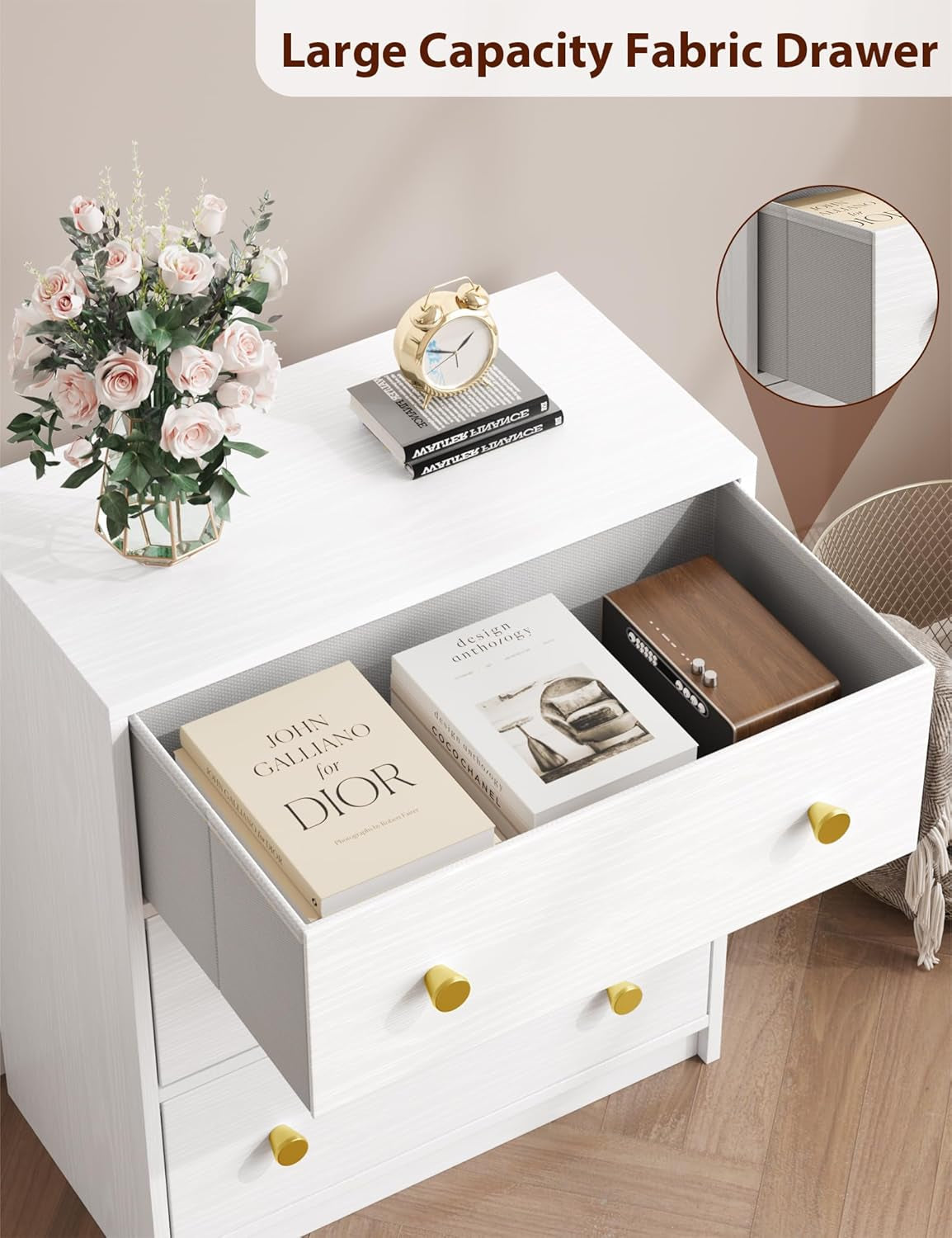 3 Drawer Dresser, White Nightstand for Bedroom with Fabric Drawers, Small Dresser Bedside Table Chest of Drawers for Bedroom, Hallway, Entryway, Closets,Kids' Room (White)-3
