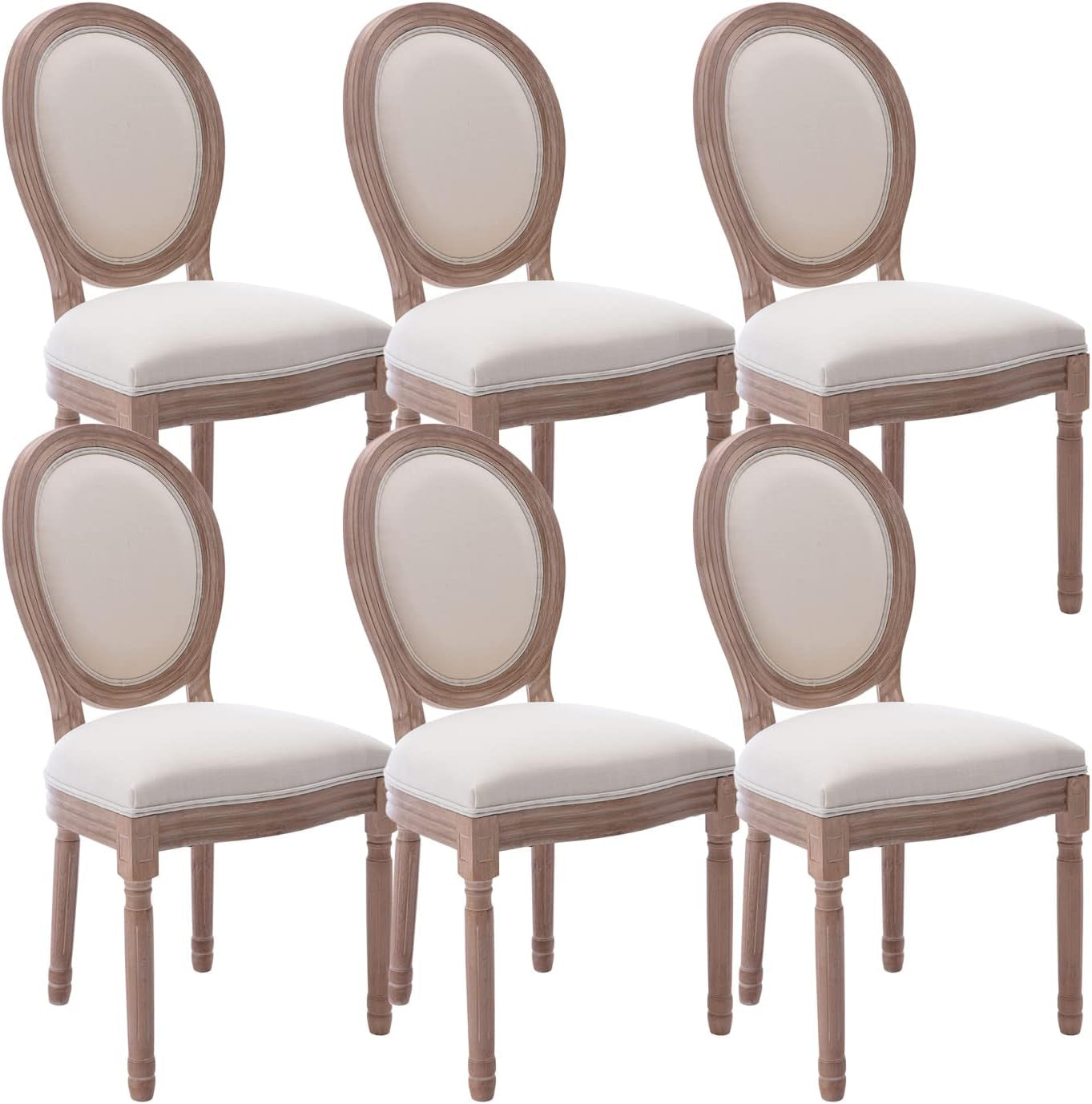 French Country Dining Chairs Set of 6, Farmhouse Dining Chairs with round Backrest, Mid Century Upholstered Dining Chairs with Solid Wood Leg for Dining Room Bedroom Kitchen Restaurant (Beige)-0
