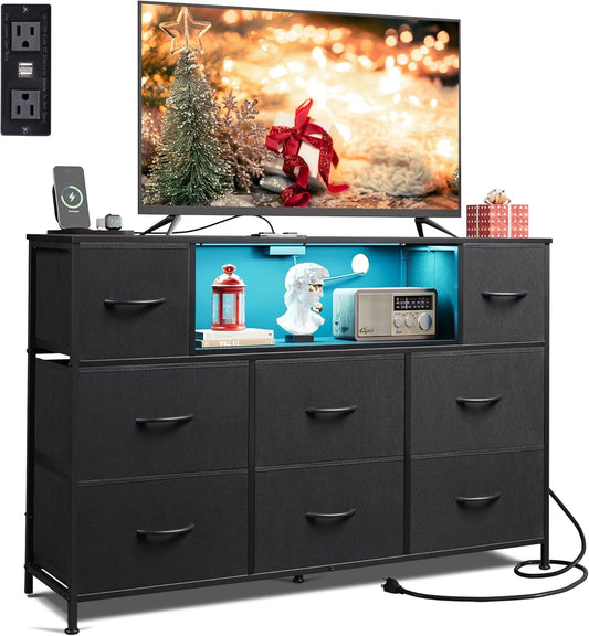 Black Dresser for Bedroom, TV Stand for Bedroom for 55 Inch TV with Charging Station and LED Lights, Fabric Chest of Drawers with Open Shelves, 8 Drawers Dressers for Living Room, Closet-0