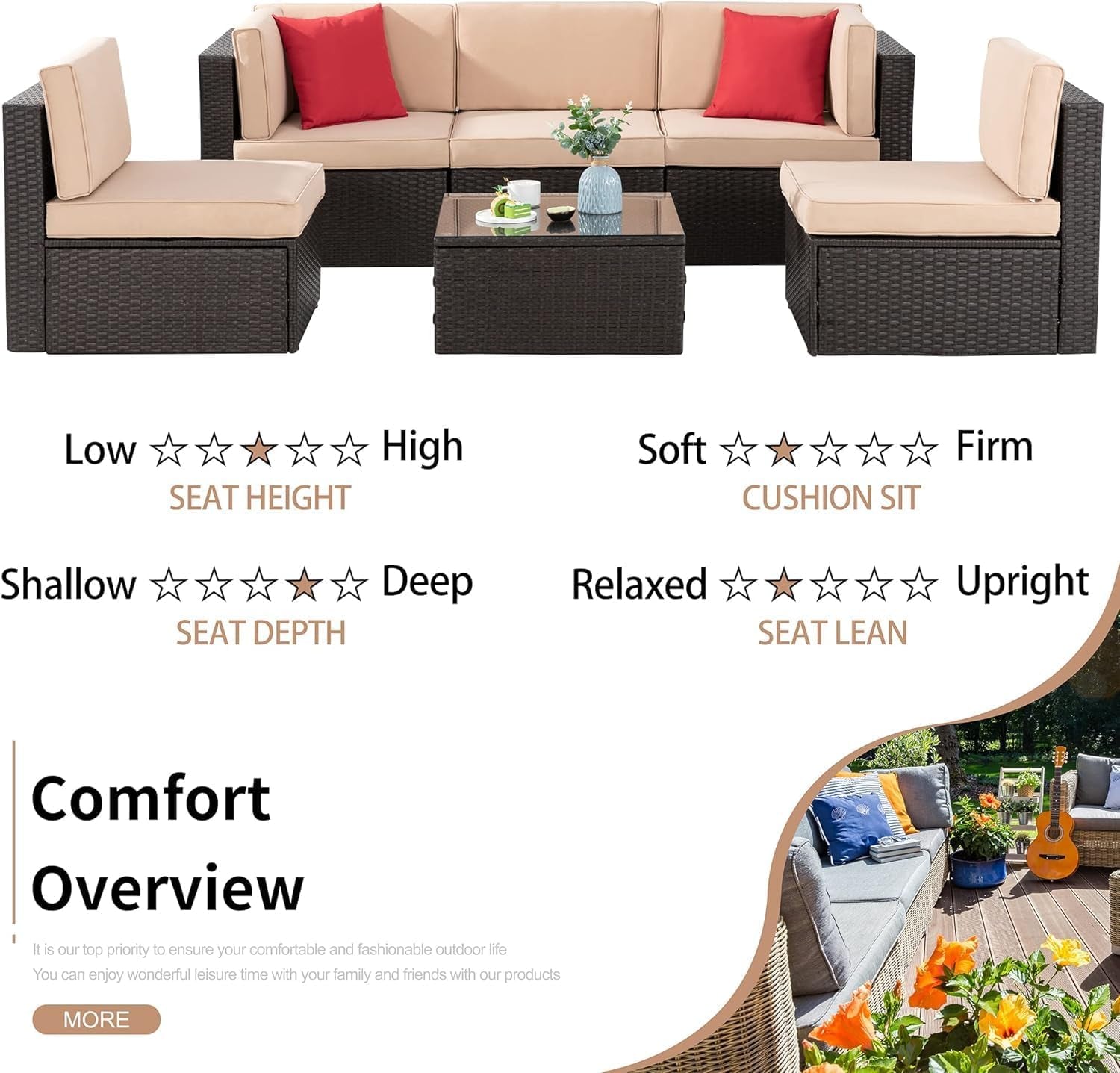 6 Pieces Patio Furniture Sets Outdoor All-Weather Sectional Patio Sofa Set PE Rattan Manual Weaving Wicker Patio Conversation Set with Glass Table&Ottoman Cushion and Red Pillows, Beige-4