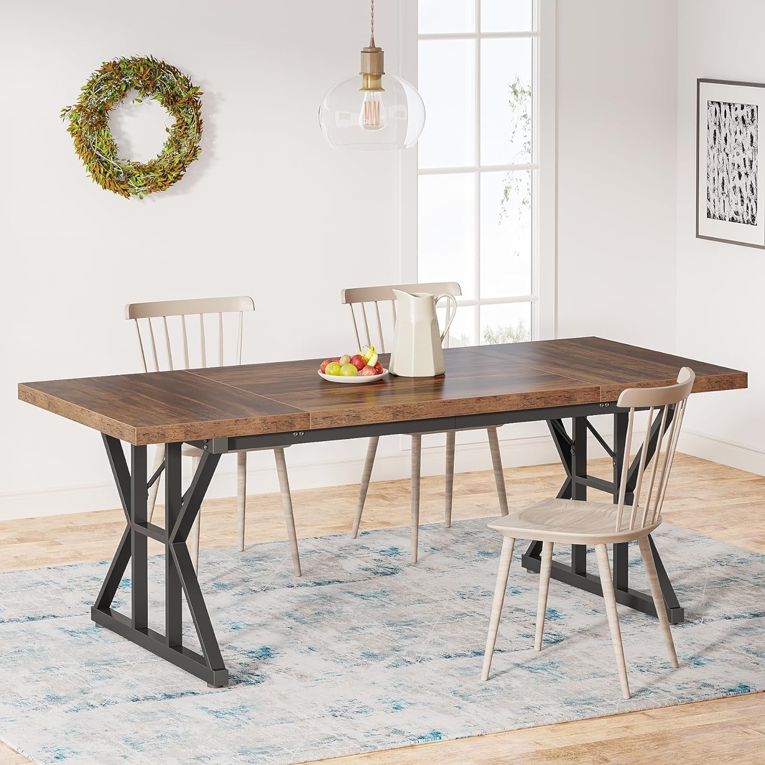 Farmhouse Dining Table for 6 People, 70.8-Inch Rectangular Wood Dining Table, Rustic Kitchen Table with Heavy Duty Metal Legs for Dining Room-0
