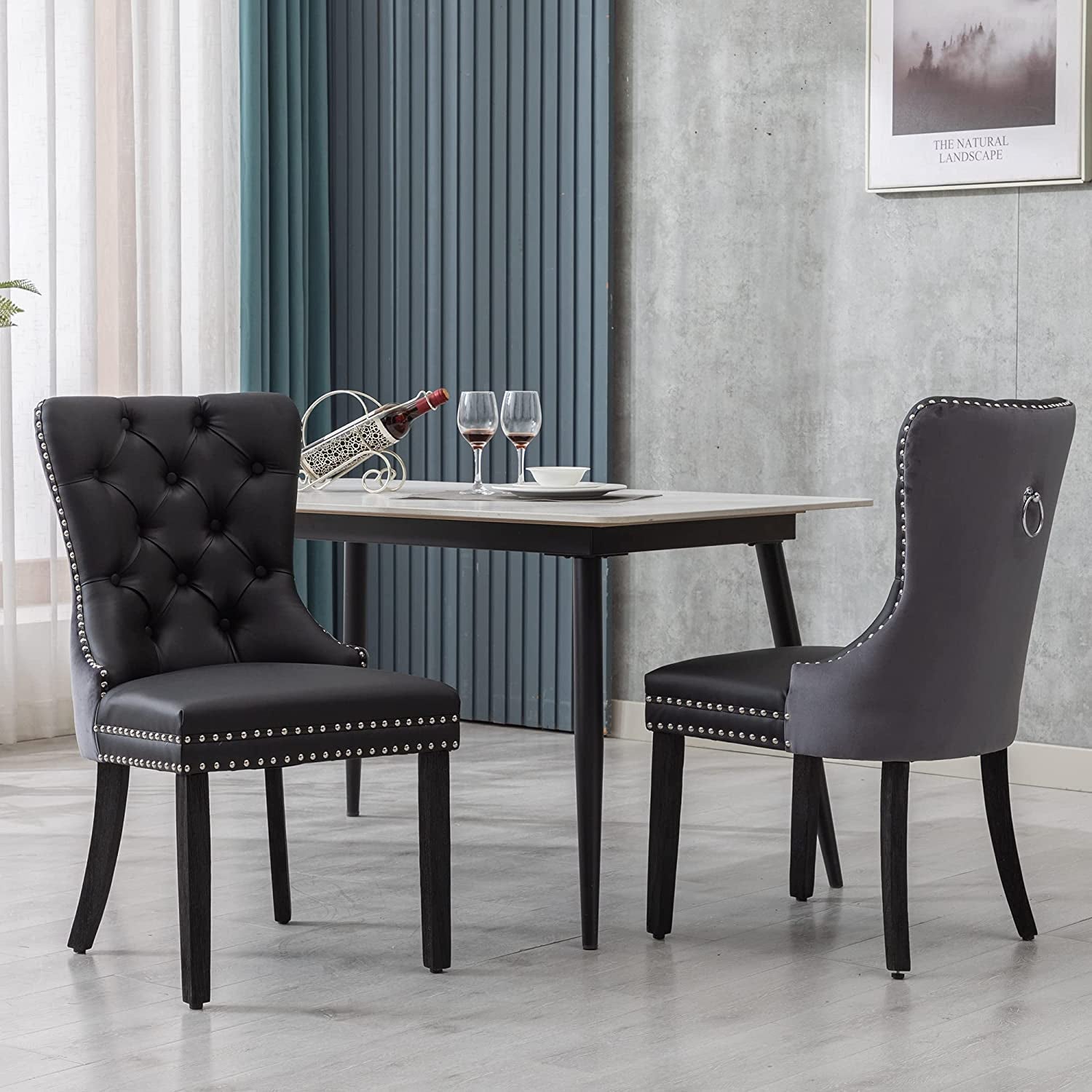 Black and Dark Grey Velvet Dining Chairs Set of 6 with Nailhead Trim and Pull Ring-1