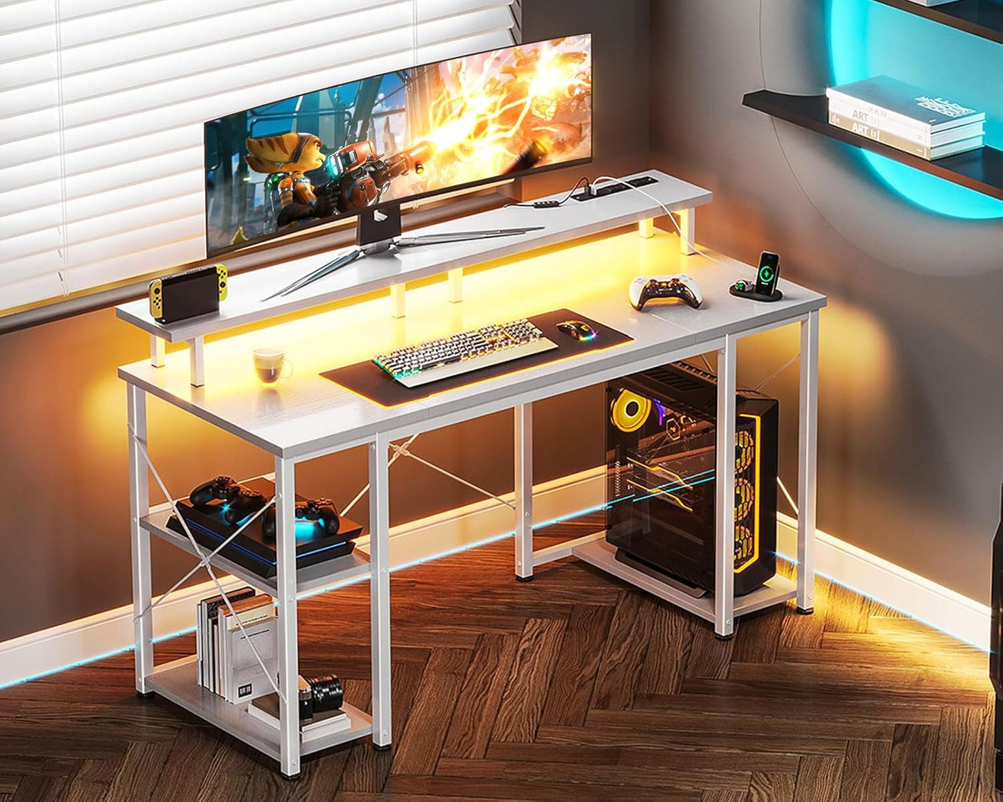 48 Inch Gaming Desk with LED Lights & Power Outlets, Computer Desk with Monitor Stand & Storage Sheves, CPU Stand, Home Office Desk, White-1
