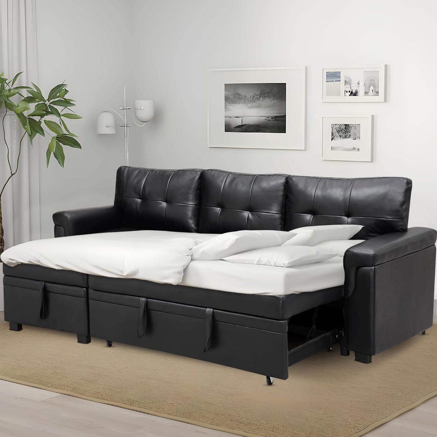 Transform Any Space: Sleeper Sectional Sofa with Convertible Sofa Bed & Inviting Chaise. Find Tranquil Comfort with Stress-Relieving Design & Durable Cushions - Black/Air Leather-1