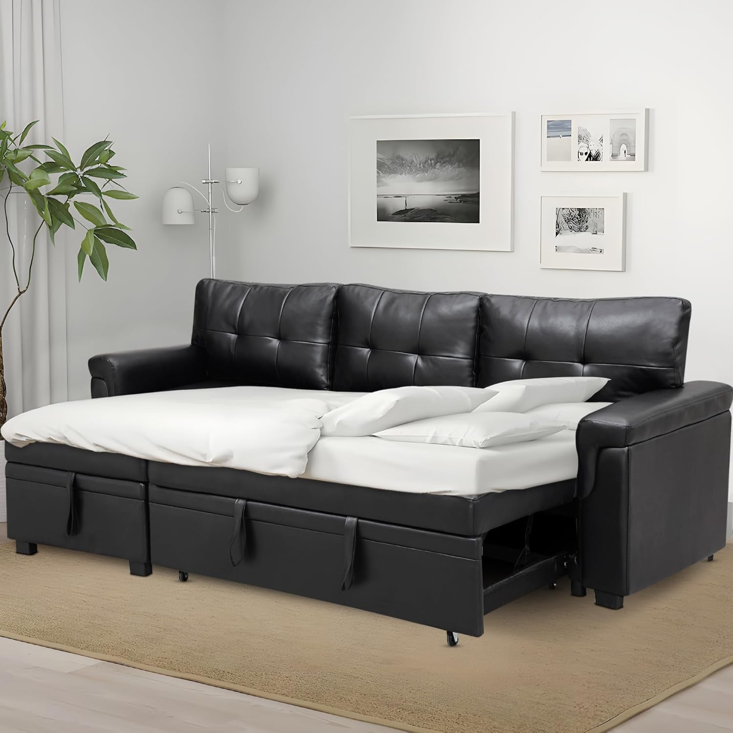 Transform Any Space: Sleeper Sectional Sofa with Convertible Sofa Bed & Inviting Chaise. Find Tranquil Comfort with Stress-Relieving Design & Durable Cushions - Black/Air Leather-1