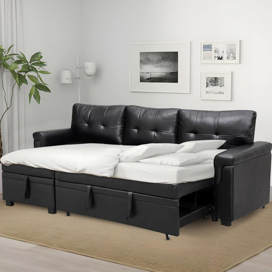 Transform Any Space: Sleeper Sectional Sofa with Convertible Sofa Bed & Inviting Chaise. Find Tranquil Comfort with Stress-Relieving Design & Durable Cushions - Black/Air Leather-1