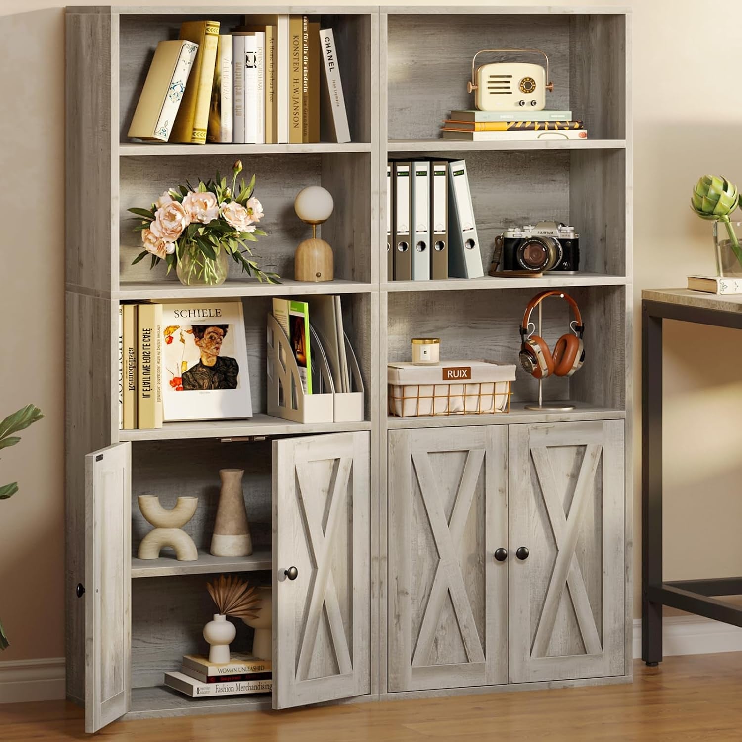 Industrial Bookshelves and Bookcases with Doors 11.8 in Depth Floor Standing 5 Shelf Display Storage Shelves Bookcase Home Decor Furniture for Home, Office, Living Room, Bedroom-3