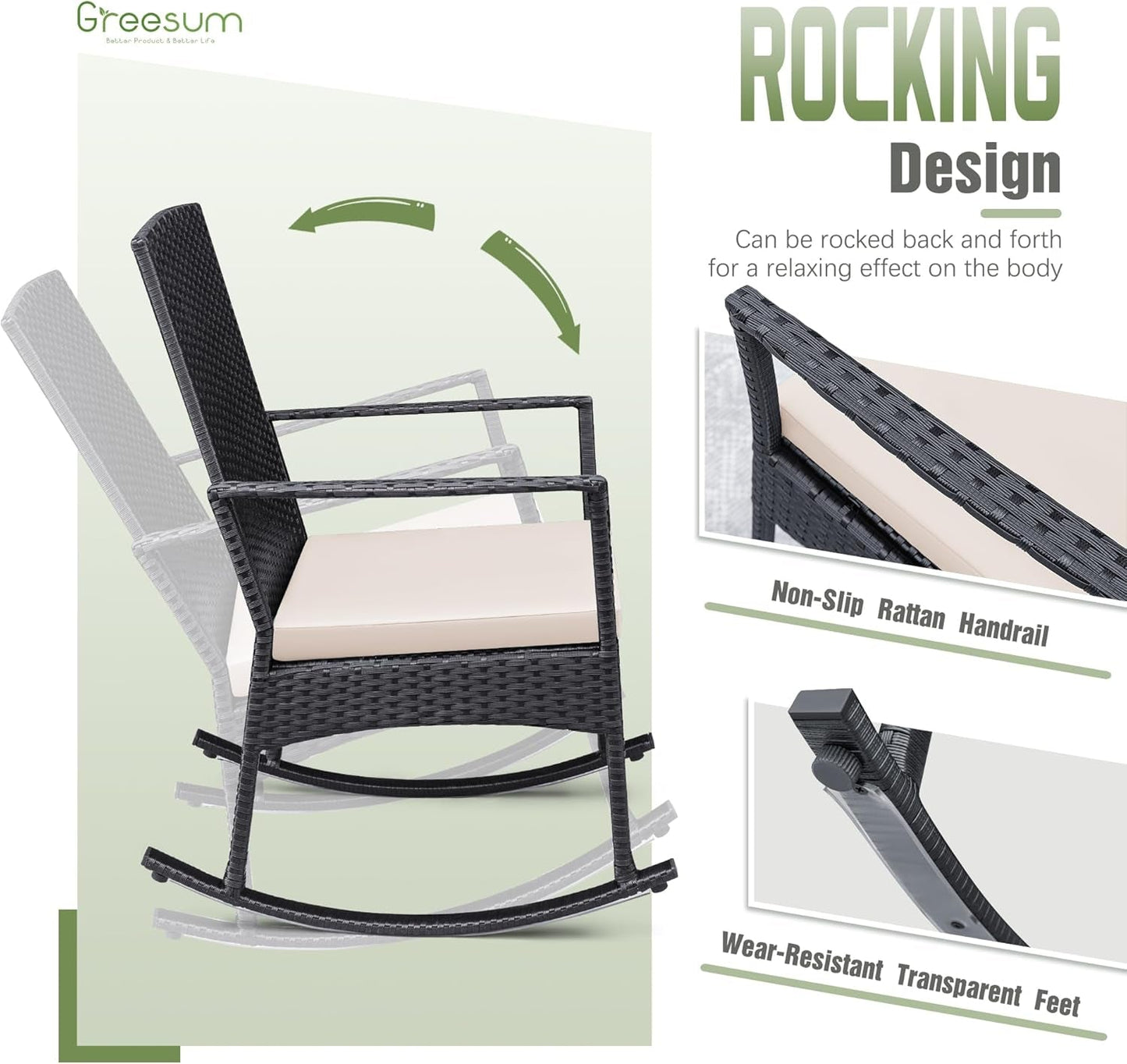 3 Pieces Patio Furniture Set Outdoor Wicker Rocking Chairs with Glass Coffee Table for Garden Backyard Porch Poolside, Beige-3