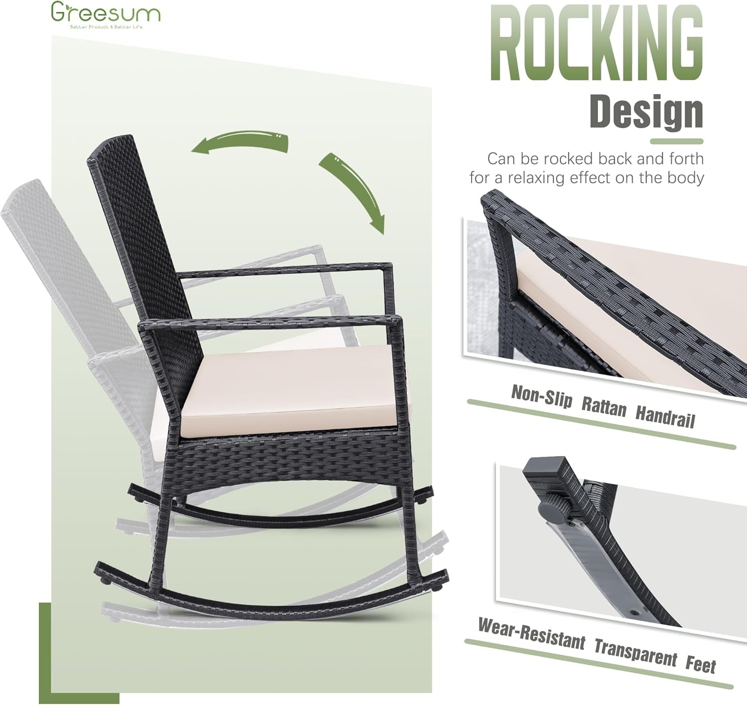 3 Pieces Patio Furniture Set Outdoor Wicker Rocking Chairs with Glass Coffee Table for Garden Backyard Porch Poolside, Beige-3