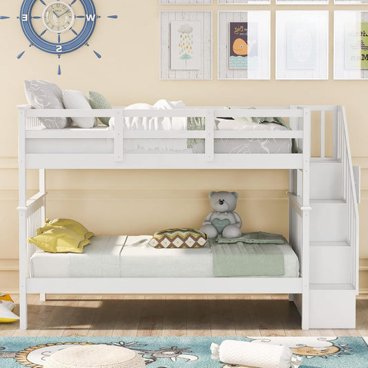 Twin over Twin Bunk Bed with Stairs, Solid Wood Bunk Bed Frame with Storage for Kids Teens Adults Bedroom Dorm - White-0