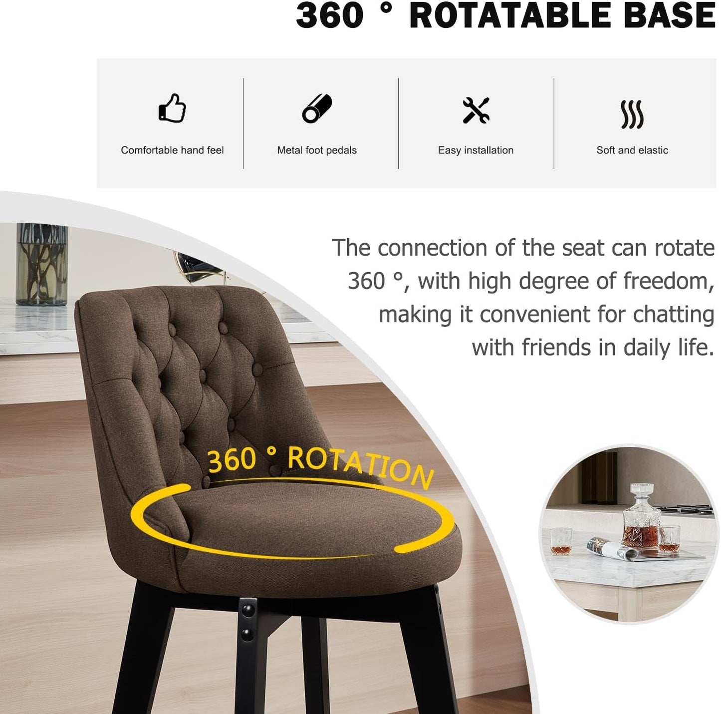 Bar Stools Set of 2, Swivel Barstools with Backs and Wood Legs, 27" Linen Fabric Upholstered Bar Chairs for Kitchen Island, Dining, Cafe, Pub（Sepia）-3