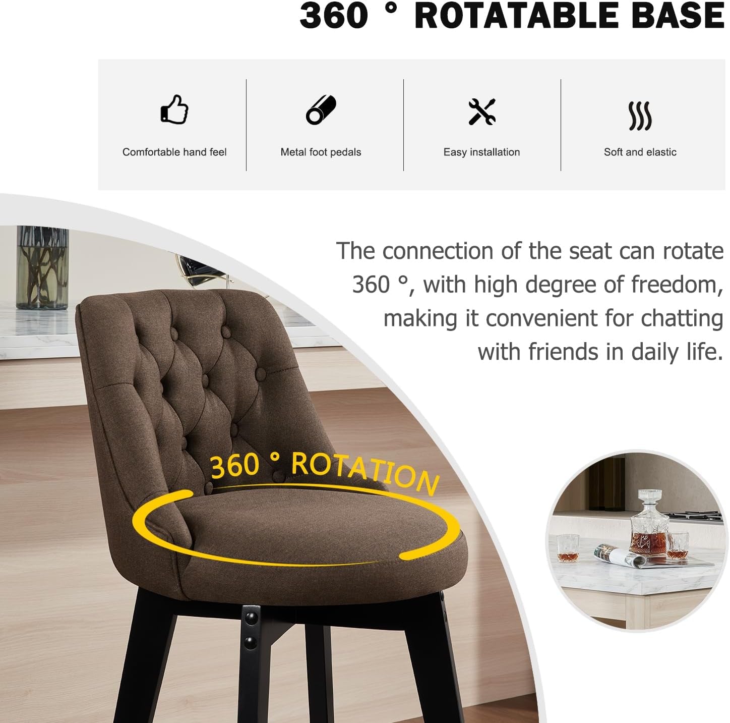 Bar Stools Set of 2, Swivel Barstools with Backs and Wood Legs, 27" Linen Fabric Upholstered Bar Chairs for Kitchen Island, Dining, Cafe, Pub（Sepia）-3