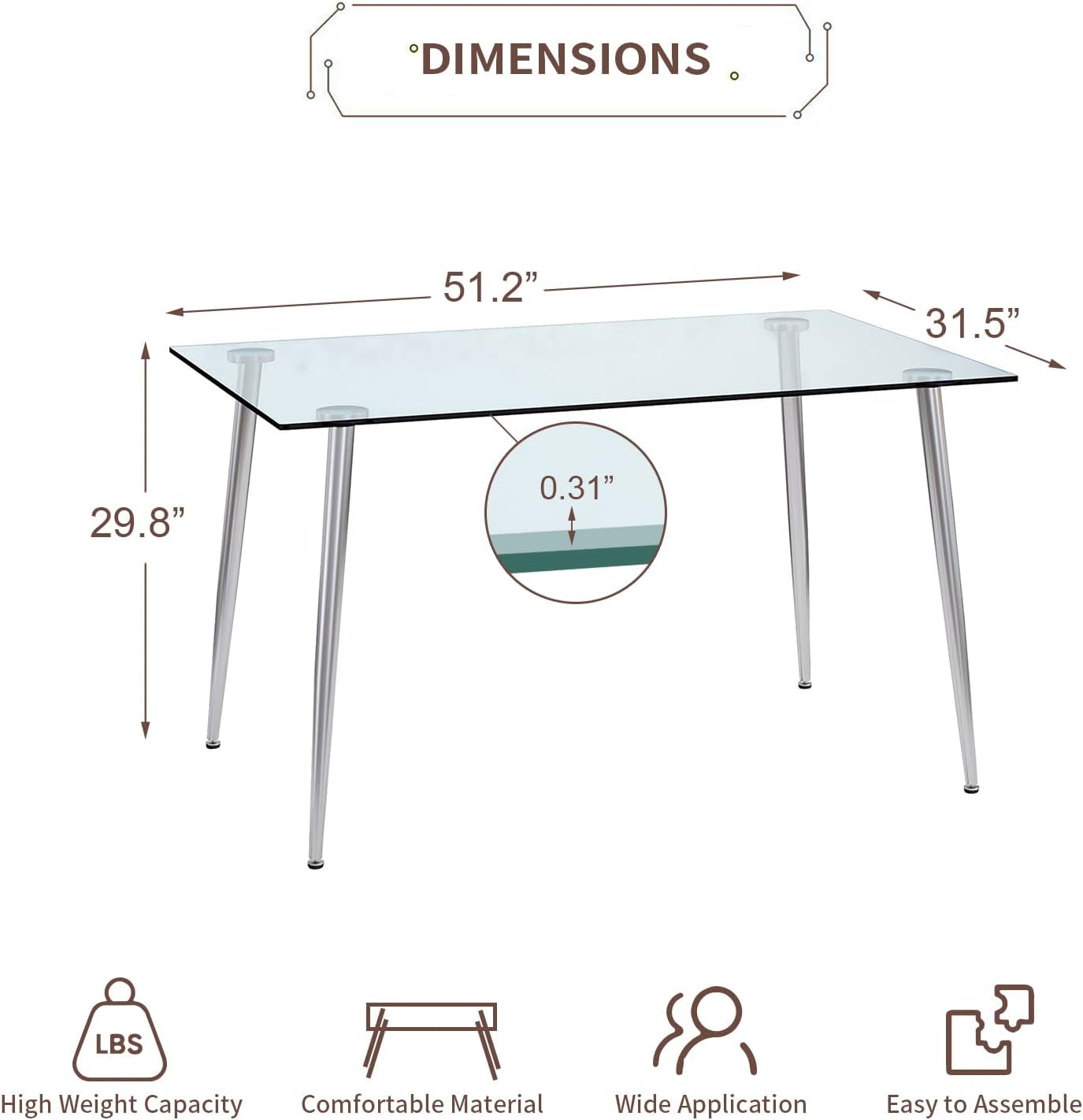 Glass Dining Table for 4 with 51 Inch Clear Rectangular Glass Top, 0.31" Modern Tempered Glass Kitchen Table Furniture with 4 Silver Plating Metal Legs for Home Dining Room-1