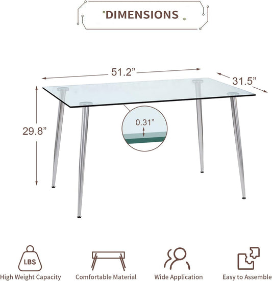 Glass Dining Table for 4 with 51 Inch Clear Rectangular Glass Top, 0.31" Modern Tempered Glass Kitchen Table Furniture with 4 Silver Plating Metal Legs for Home Dining Room-1