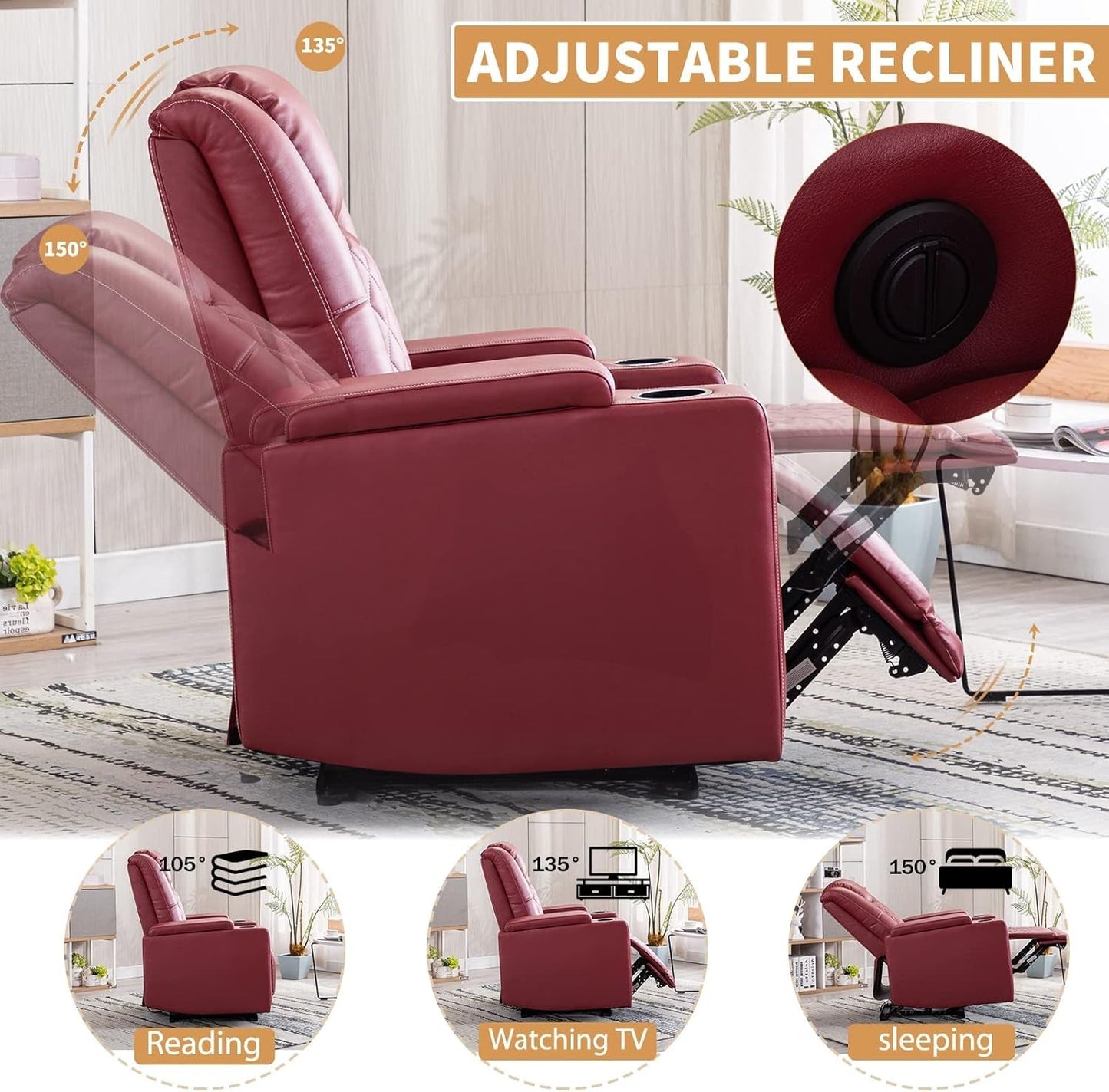 Power Recliner Chair Set of 3, PU Leather Electric Home Theater Seating with USB Ports and Cup Holders, Red Overstuffed Reclining Furniture with Hidden Arm Storage-2