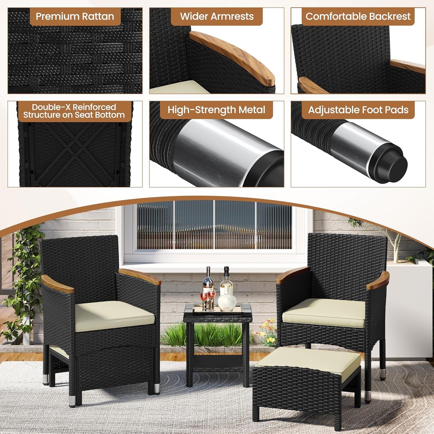 5 Piece Patio Conversation Set, Outdoor Wicker Bistro Furniture, PE Wicker Outdoor Rattan Chairs Set with Coffee Table for Porch, Poolside, Lawn, Garden, Balcony-2