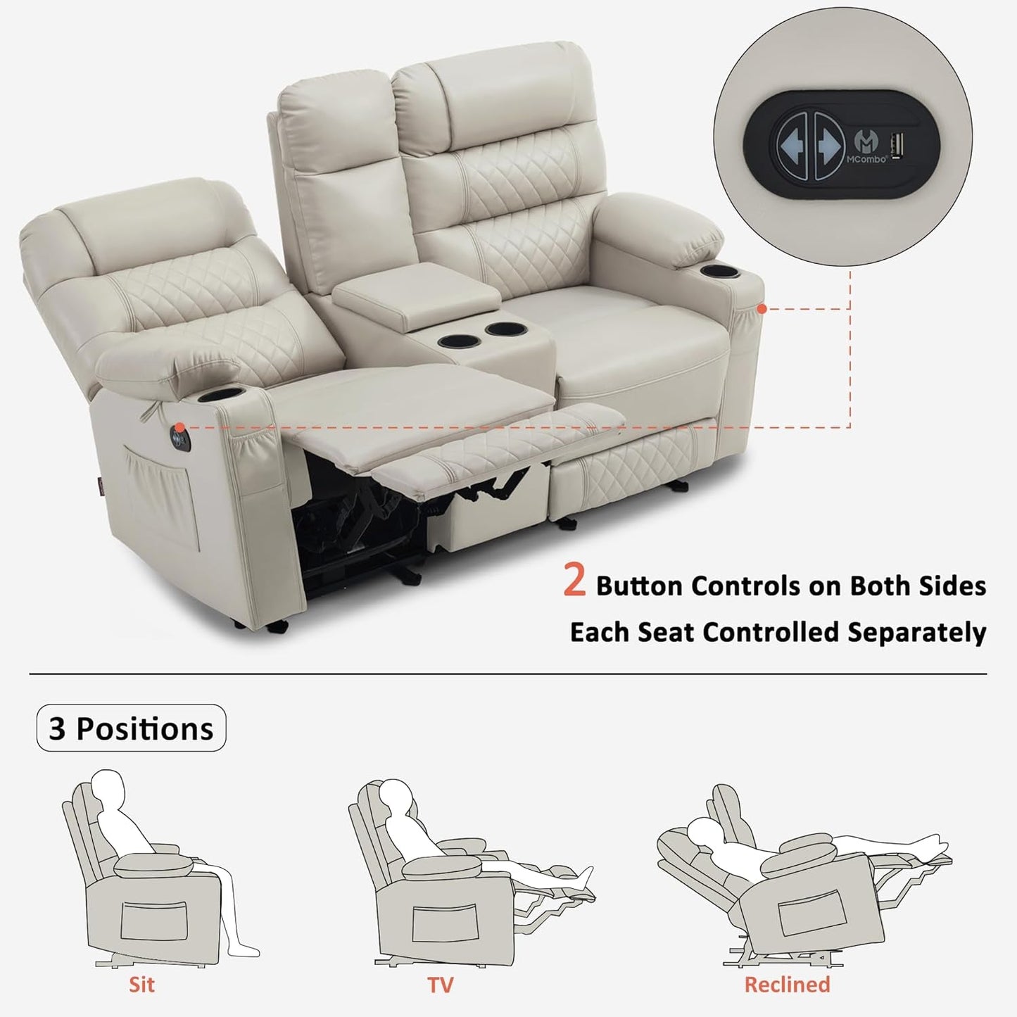 Power Loveseat Recliner with Console, Electric Reclining Loveseat with Heat and Vibration, Cup Holder, USB Charge Port, Faux Leather Recliner Sofa Pr622Sets (Light Grey, Loveseat with Console)-3