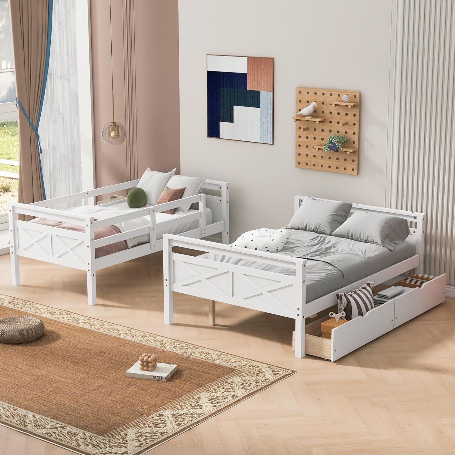 Twin over Full Bunk Bed, Kids Bedroom White Wooden Bunk Bed Frame, Convertible to 2 Separated Beds with 2 Big Drawers, Ladder & Guardrail for Teens, Wood Slat Support, Easy Assembly, White-2