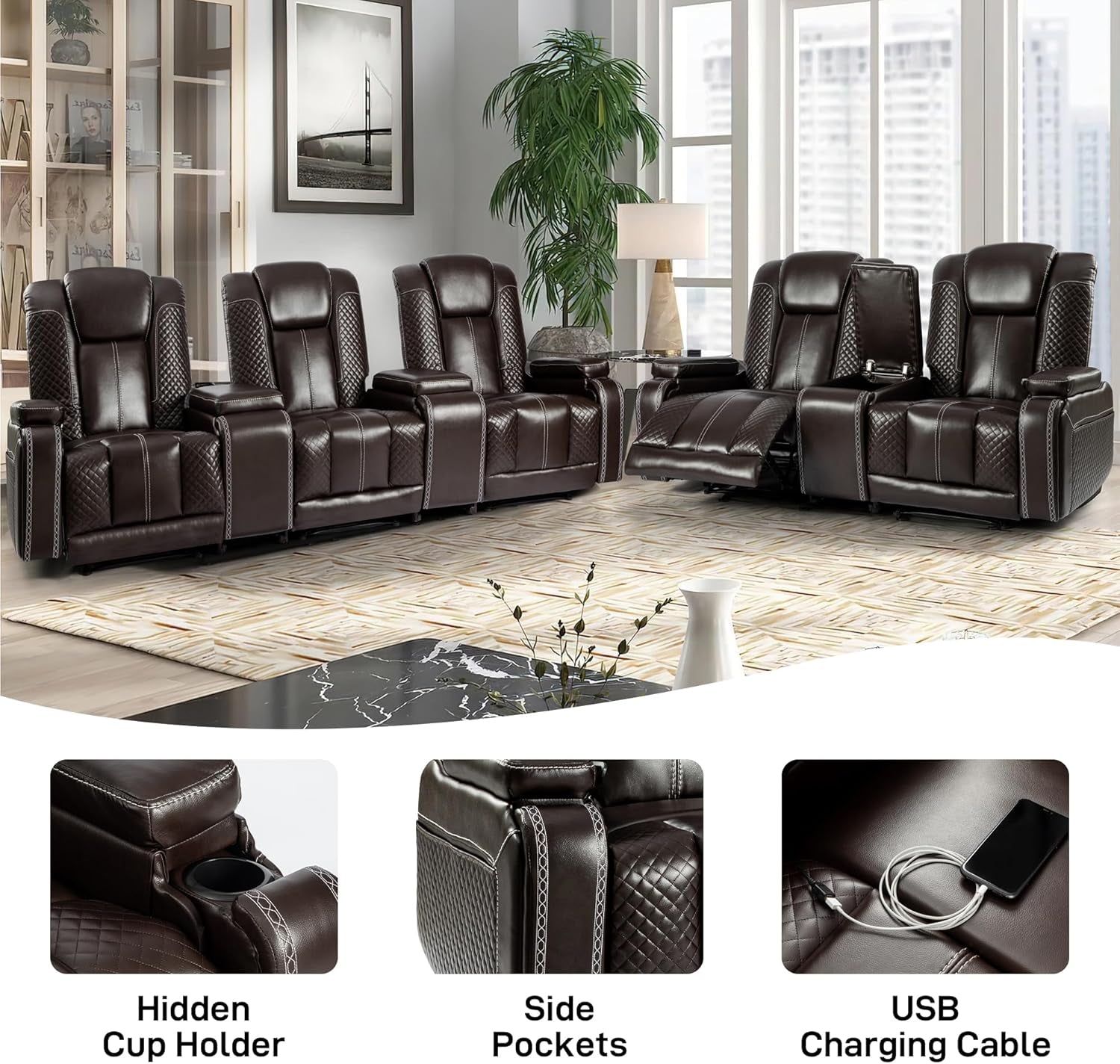 Recliner Chair Set of 2 Theater Seating with Massage & Heating Breathable Leather Sofa, USB Ports, Suitable Living Room Home Brown-3