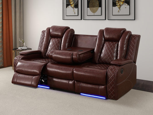 Living Room Furniture Set Brown Breathing Reclining Leather Sofa Living Room Power Recliner Adjustable Manual Sofa with UPS Ports/Led Light/Wireless Charger for Living Room, Office, Rv Car-0