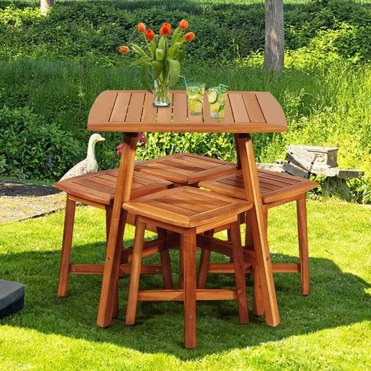 5 Pieces Wood Patio Dining Set with Square Table and 4 Stools-0