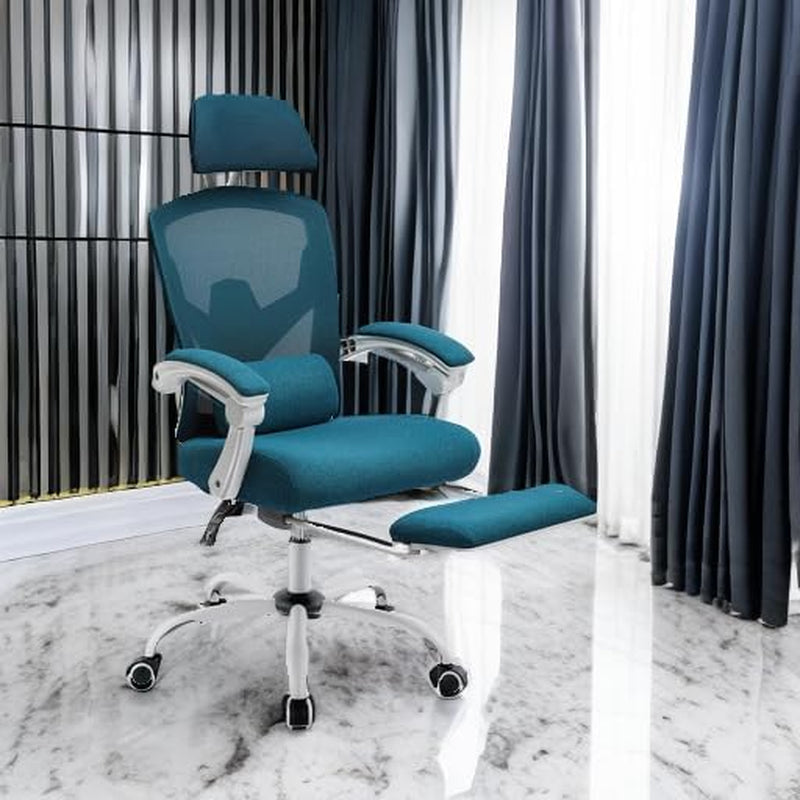 Home Office Desk Chair with Footrest, High-Back Mesh Rolling Swivel Reclining Chairs with Wheels, Comfortable Headrest, Lumbar Support, Comfy Arms for Home, Office, Gaming, Student, Blue-4