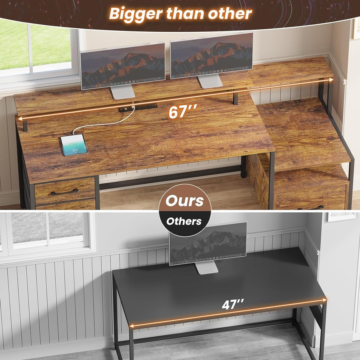 Home Office Desk with File Drawer & Power Outlet, 66'' Computer Desk with 5 Drawer, Storage Shelves, Printer Cabinet and Monitor Shelf, Gaming Desk with Led Lights, Rustic Brown-3