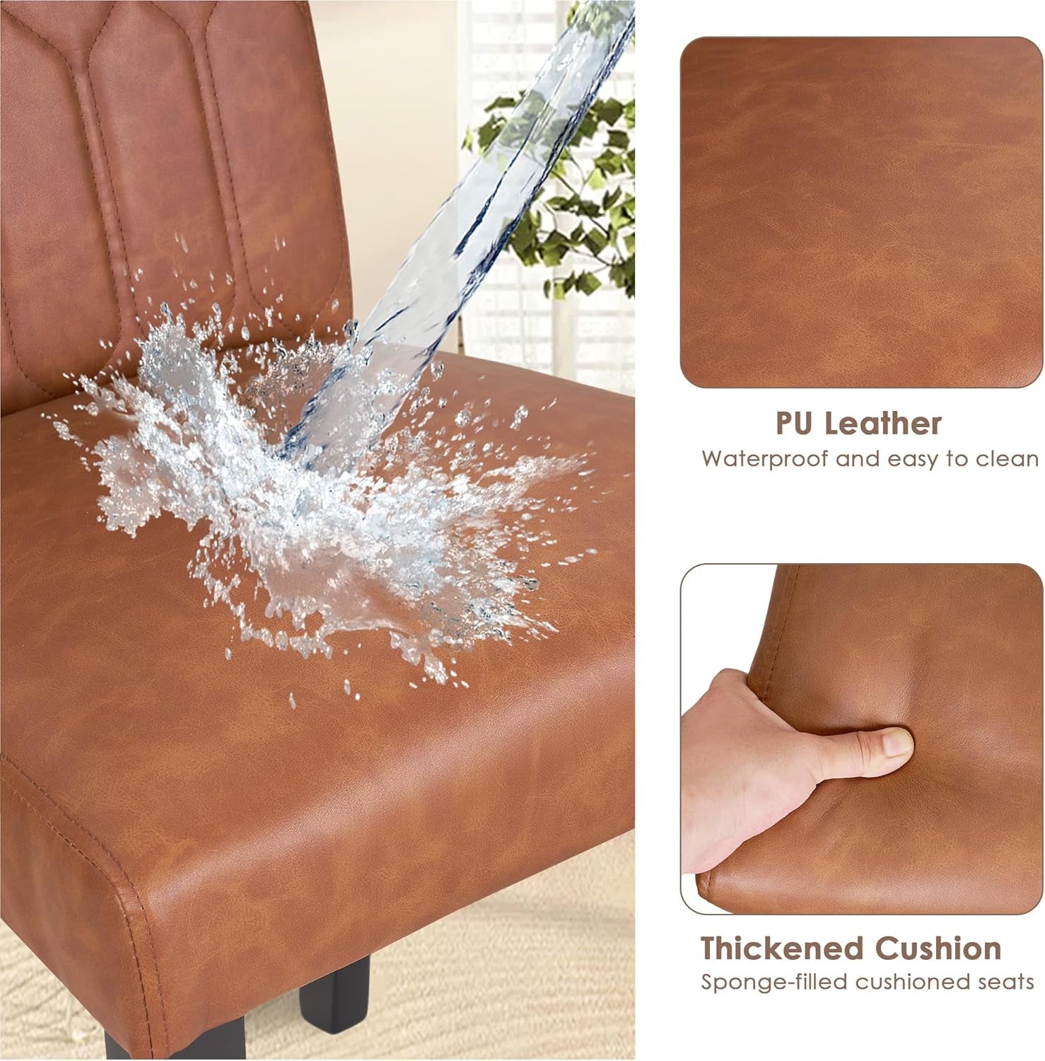 Upholstered Dining Chairs Set of 6, Modern PU Leather Accent Parsons, Solid Wood Legs W/Rubber Footpads, for Living Room Kitchen, Brown-3