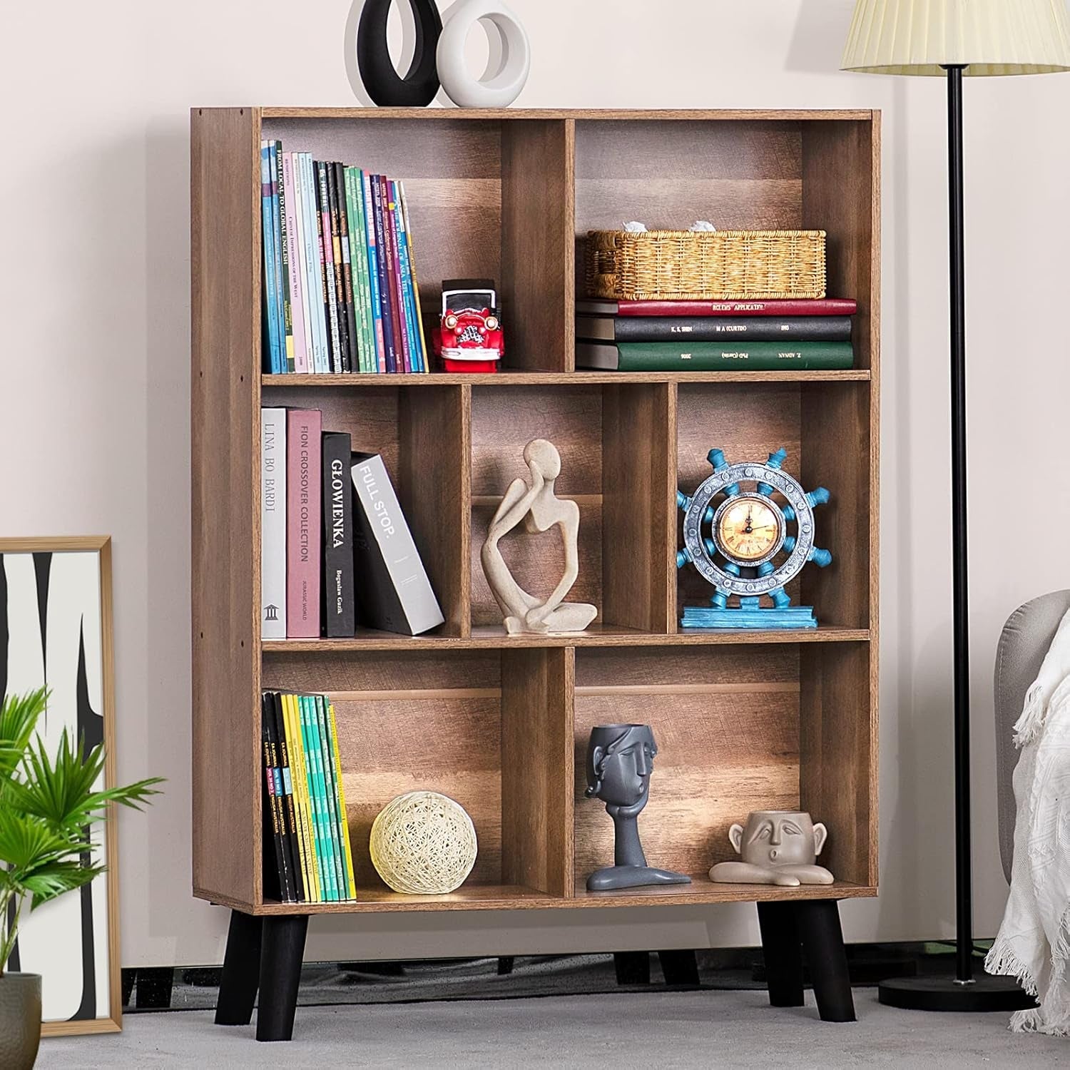 7 Cube Bookshelf 3 Tier Modern Bookcase with Legs,Wood Book Shelves Storage Organizer Shelf,Free Standing Bookcases,Oak Display Bookshelves-1