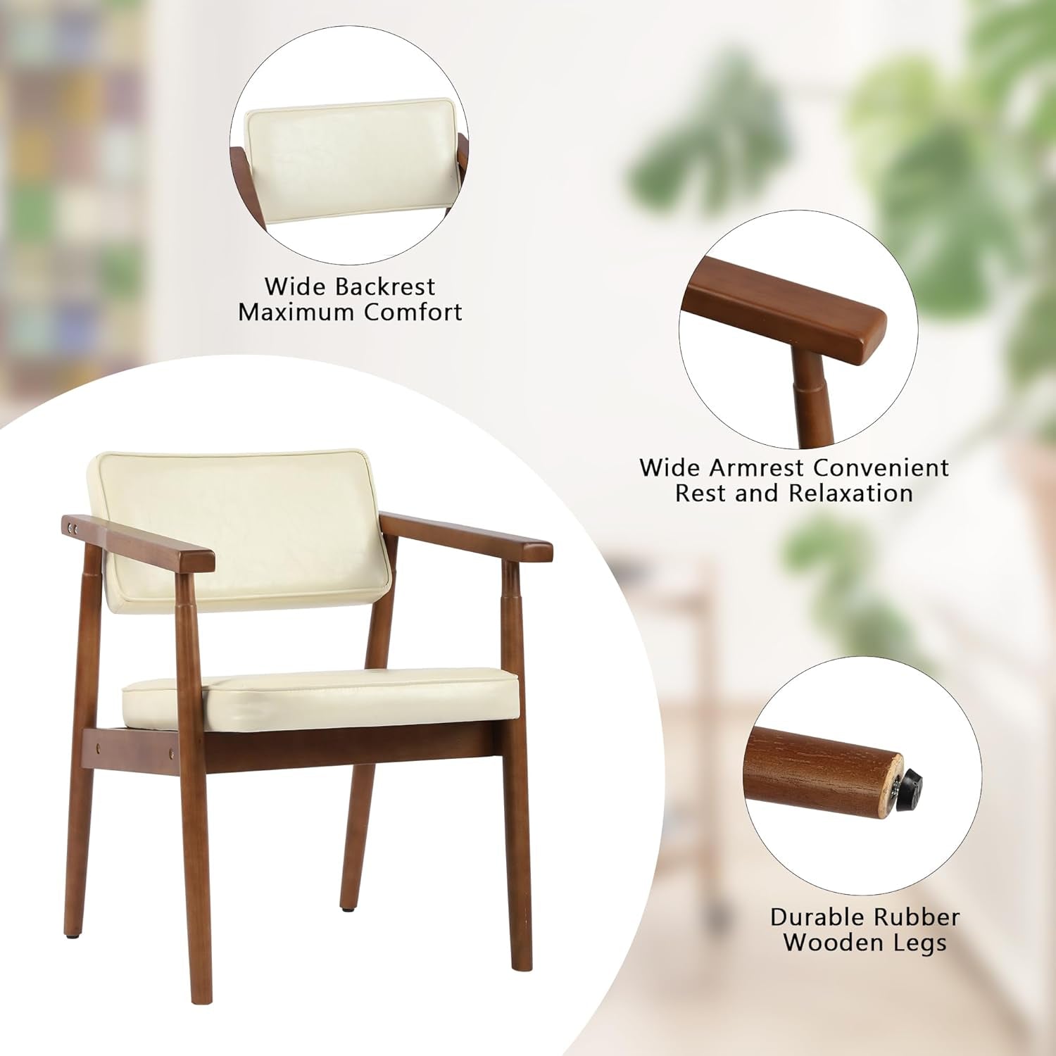 Mid Century Dining Chairs with Wooden Handrail, Beige Fabric Upholstered Faux Leather Armchair Comfy Backrest Modern Kitchen Chairs for Bedroom Living Room Dining Room, Set of 1-2