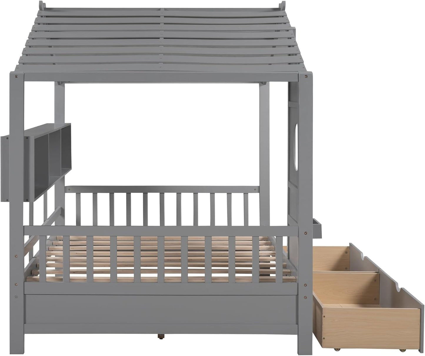 Kids Full Playhouse Bed with Drawers Shelves-3
