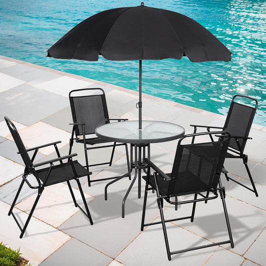 6 Piece Patio Dining Set with Umbrella, Outdoor Furniture Set with 4 Folding Chairs and Tempered Glass Top Dining Table Fot Lawn Backyard Garden Porch Black-0