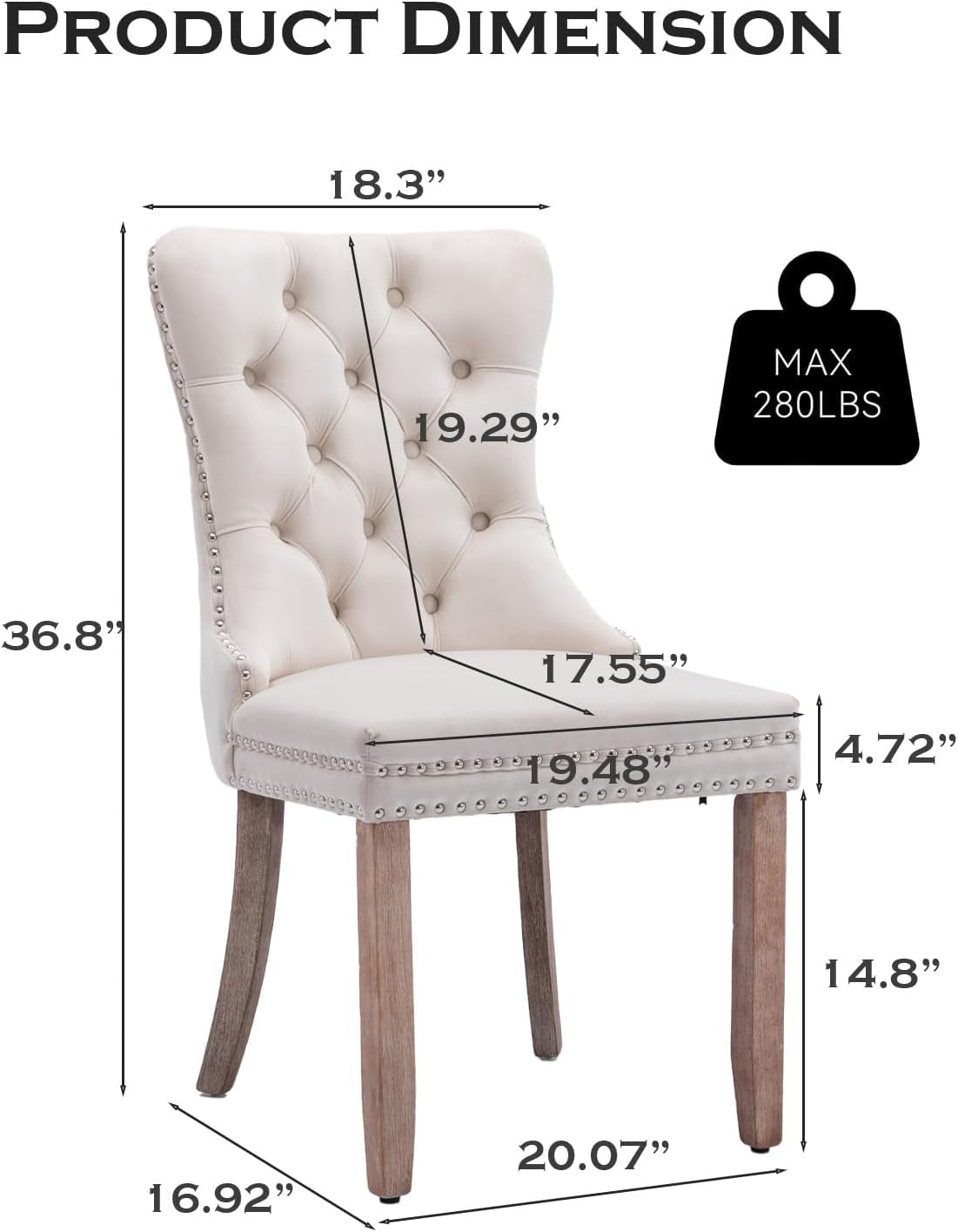 Velvet Upholstered Dining Chairs Set of 4, Modern Style Kitchen Side Chairs with Nailhead Trim and Wood Legs,Metal Pulling Ring for Dining Room Living Room(Beige,Set of 4)-2