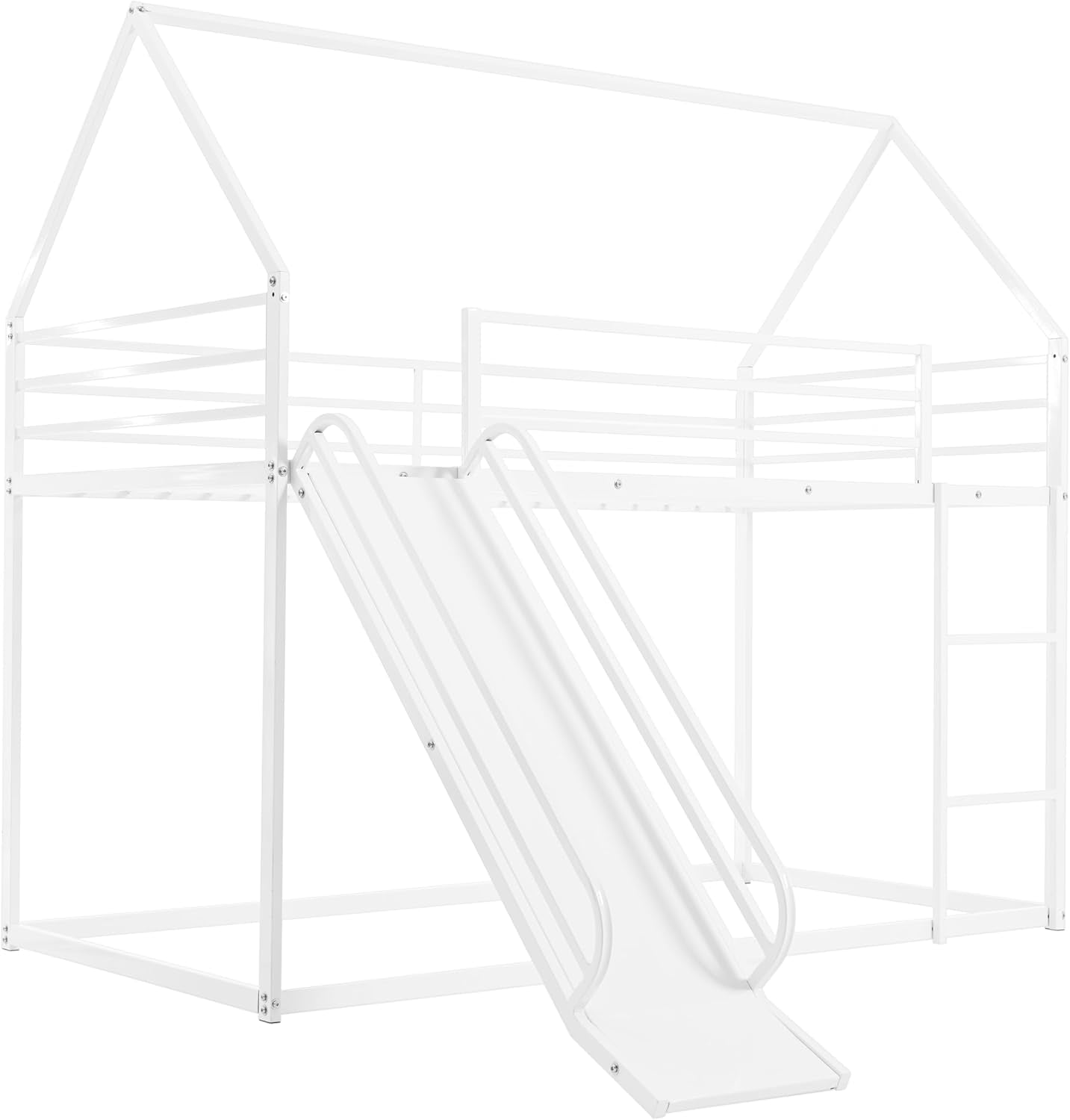 Twin over Twin Metal Floor Bunk Bed with Slide,Metal Junior House Twin Size House Bunk Bed Frame with Ladder & Roof for Boy Girl, No Box Spring Needed,Low Bunk Bed Frame with Convertible Slide-3